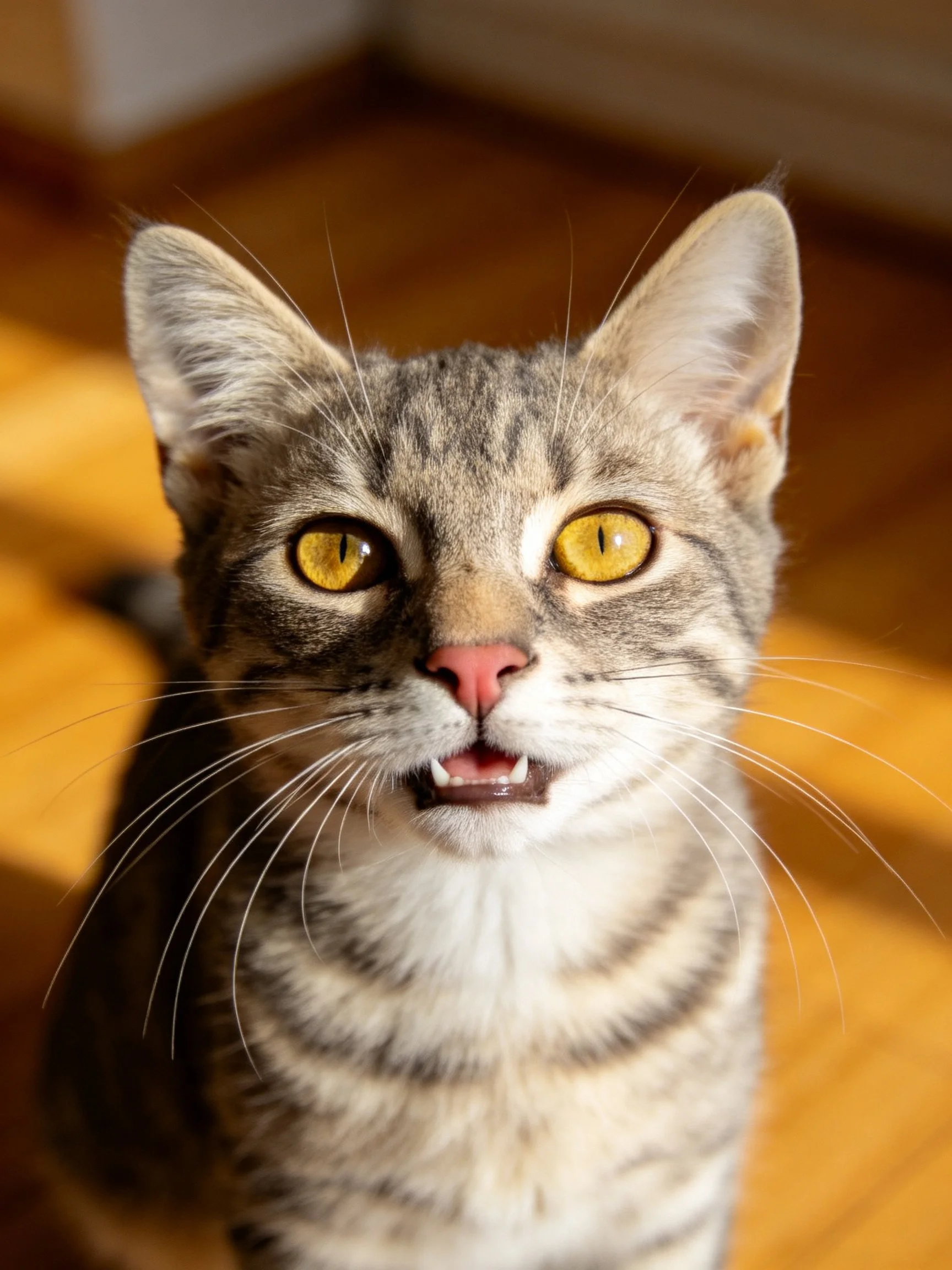 A gray tabby cat with bright yellow eyes and pink nose