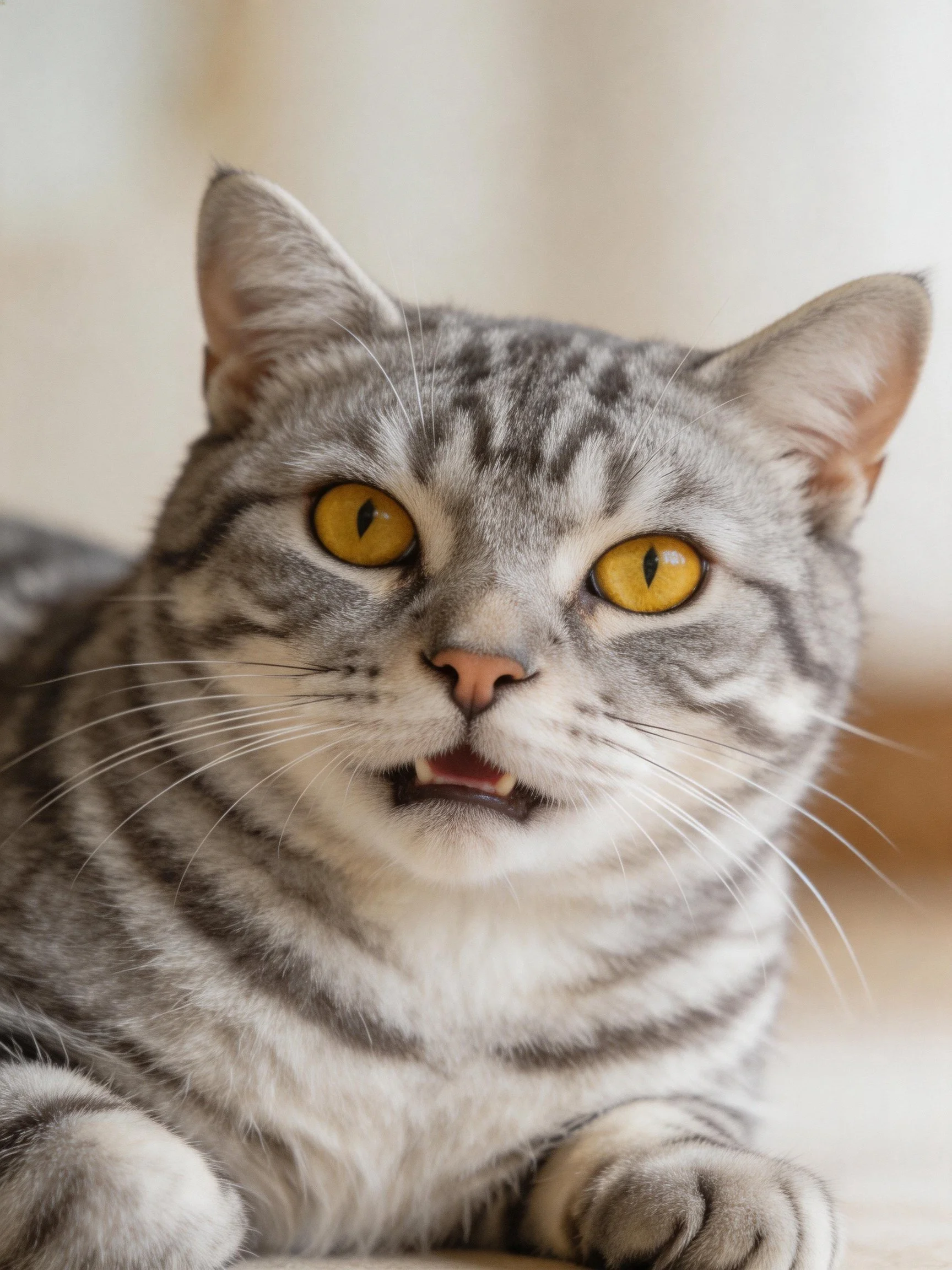 A gray tabby cat with bright yellow eyes sits, mouth slightly open.