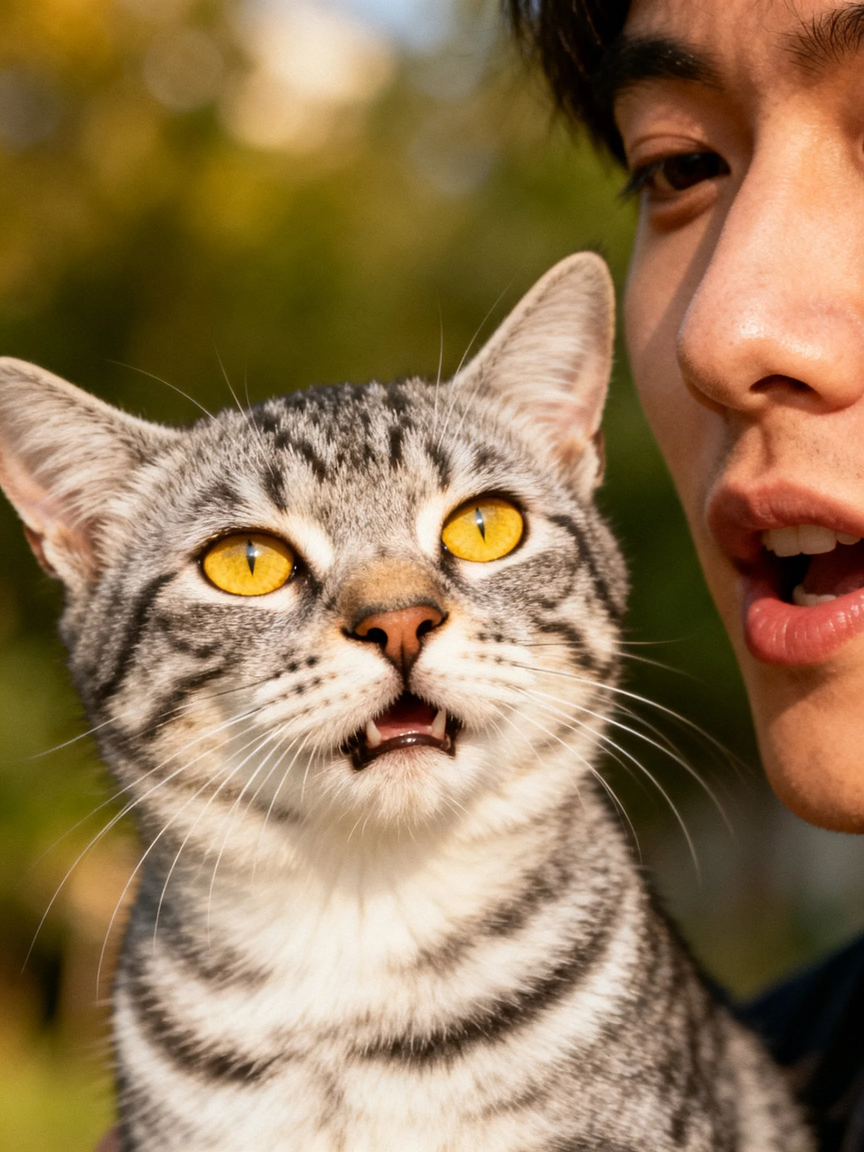 A gray tabby cat with bright yellow eyes is positioned next to a person in an outdoor environment.