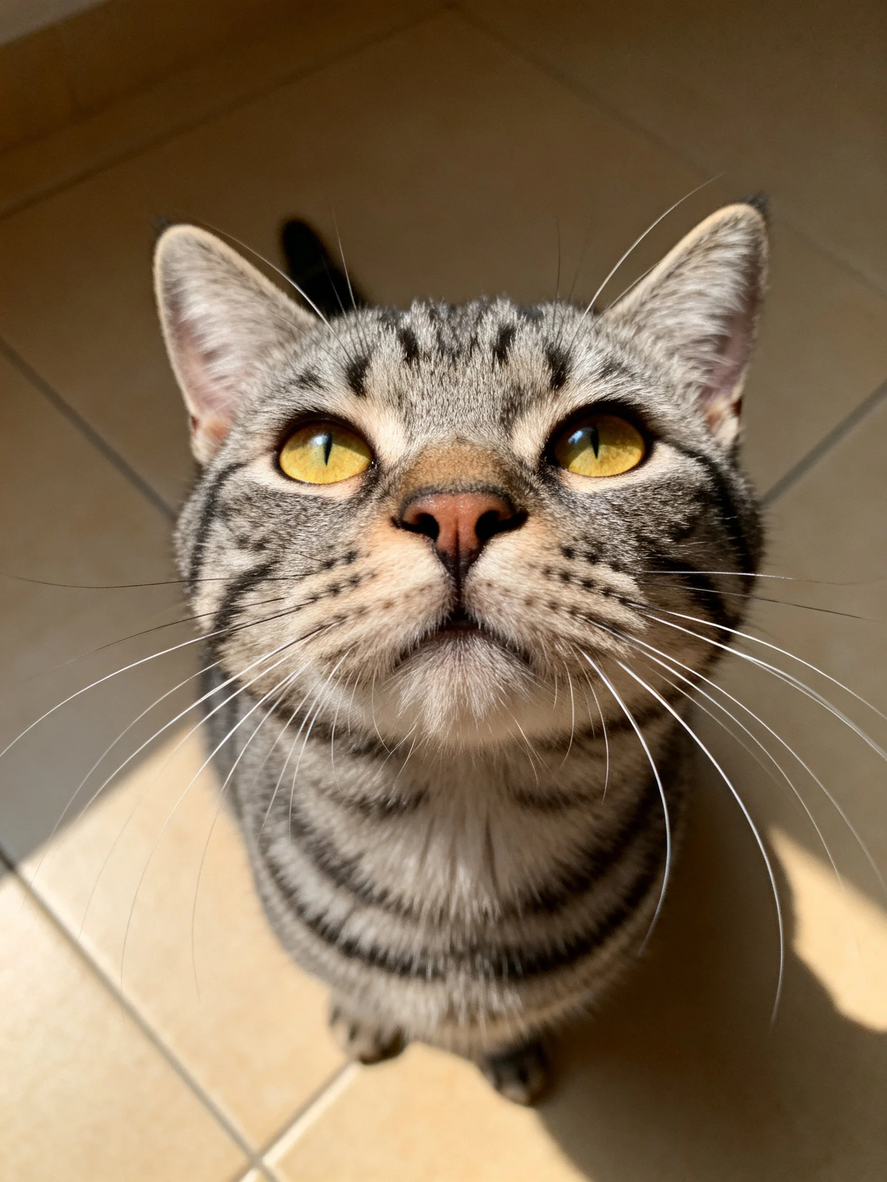 A gray tabby cat with bright yellow eyes gazes upward