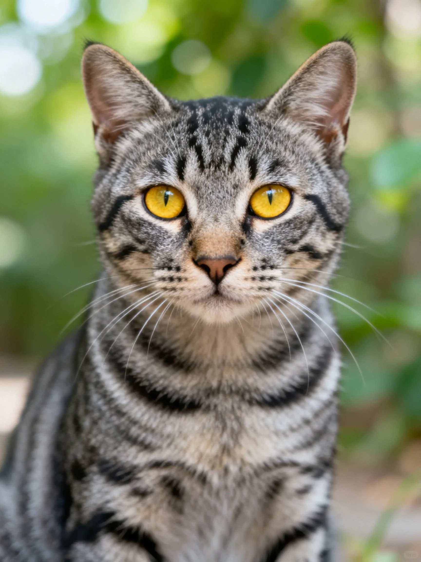 A gray tabby cat with bright yellow eyes in a green outdoor environment