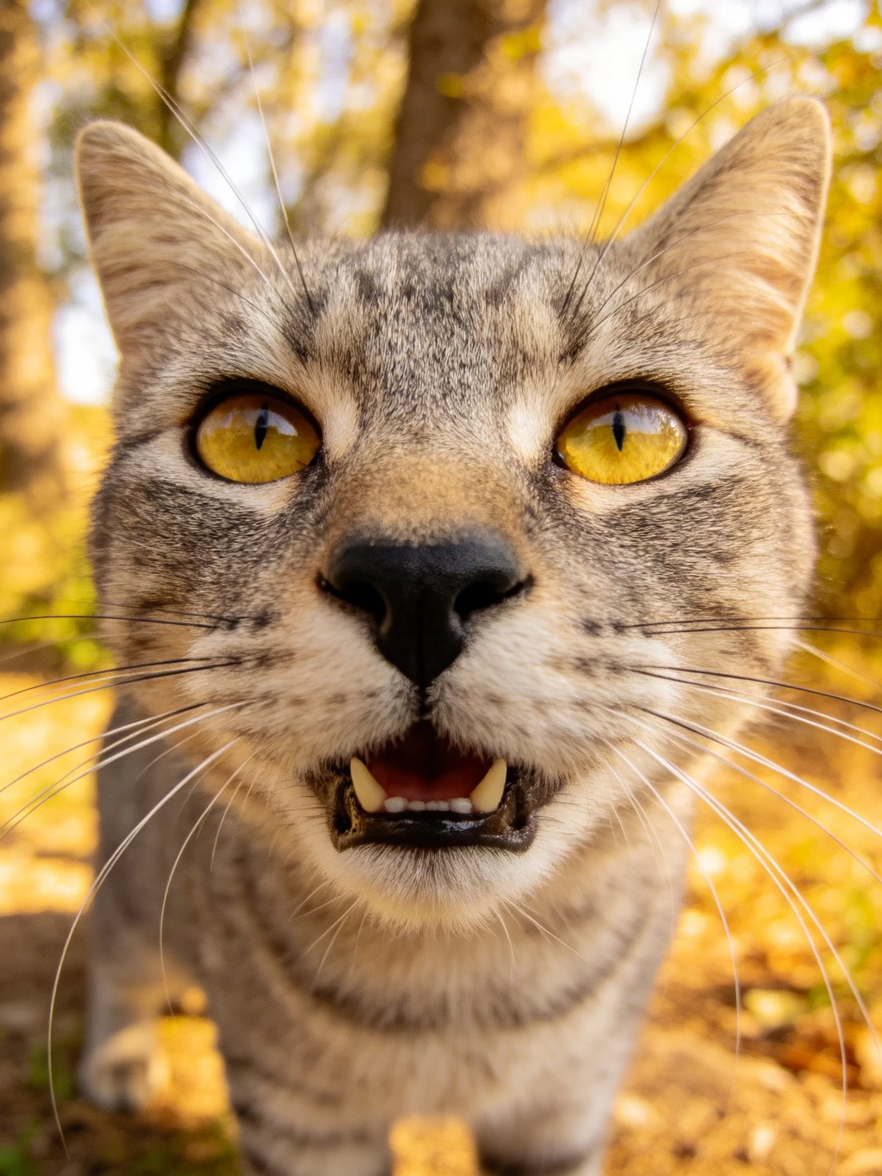 A gray tabby cat with bright yellow eyes in an autumnal forest setting
