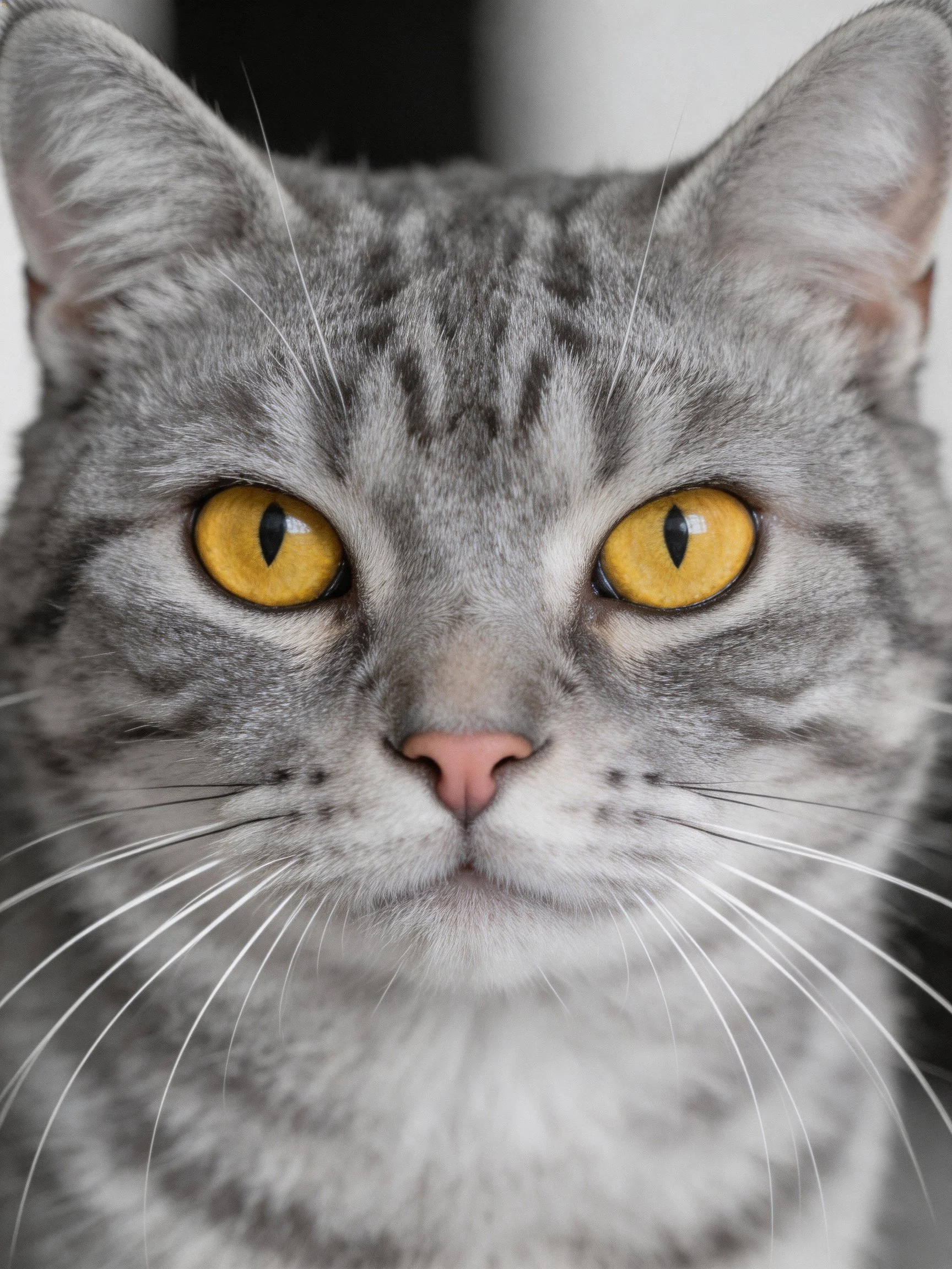 A gray tabby cat with bright yellow eyes is photographed closely.