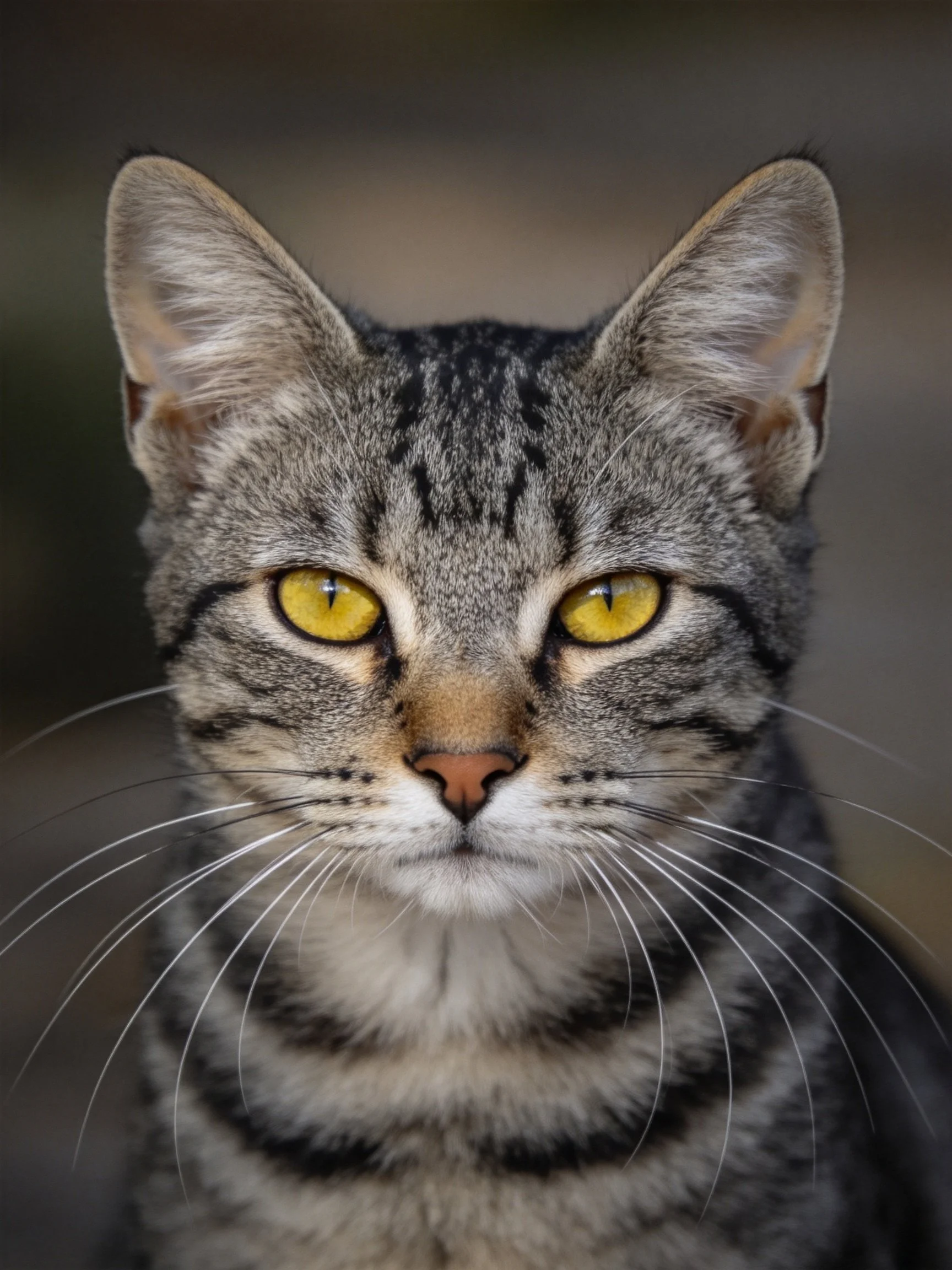 A gray tabby cat with bright yellow eyes in close-up view