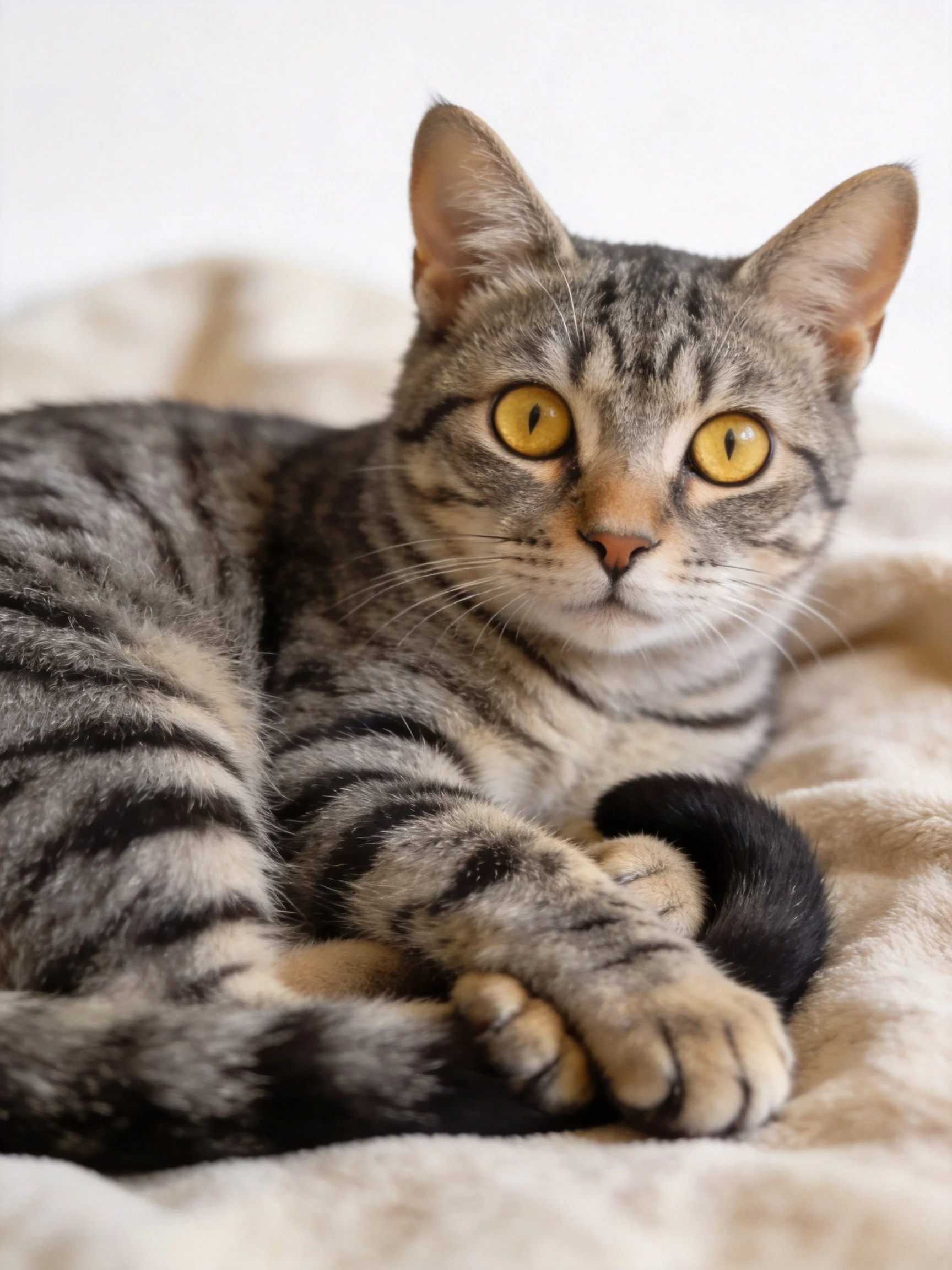 A gray tabby cat with bright yellow eyes relaxes on a soft blanket.