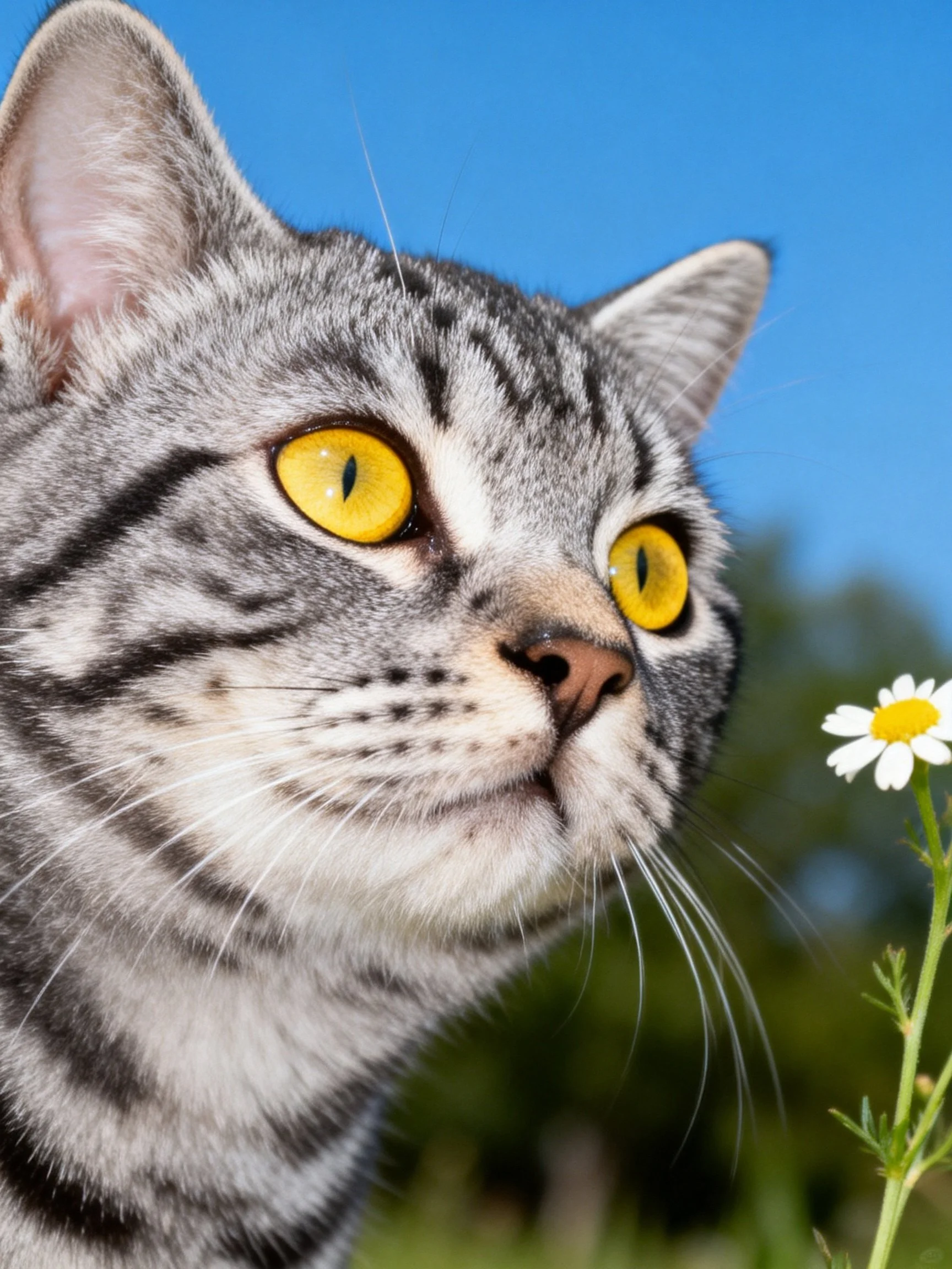 A gray tabby cat with bright yellow eyes observes a small white flower.