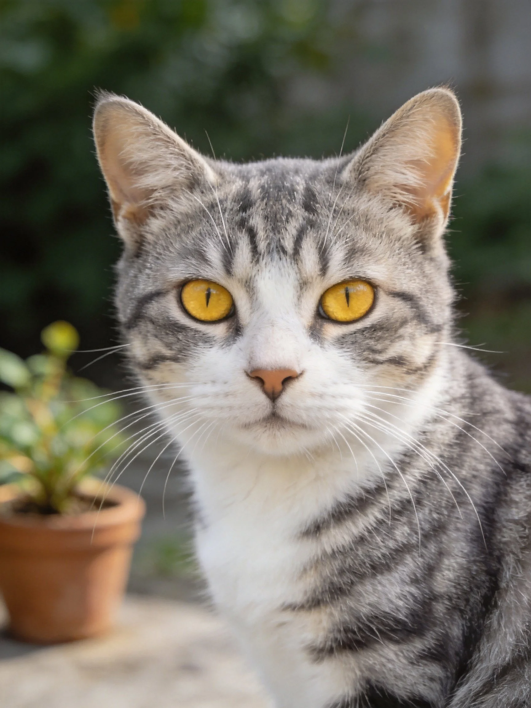 A gray tabby cat with bright yellow eyes sits near a small terracotta plant pot.