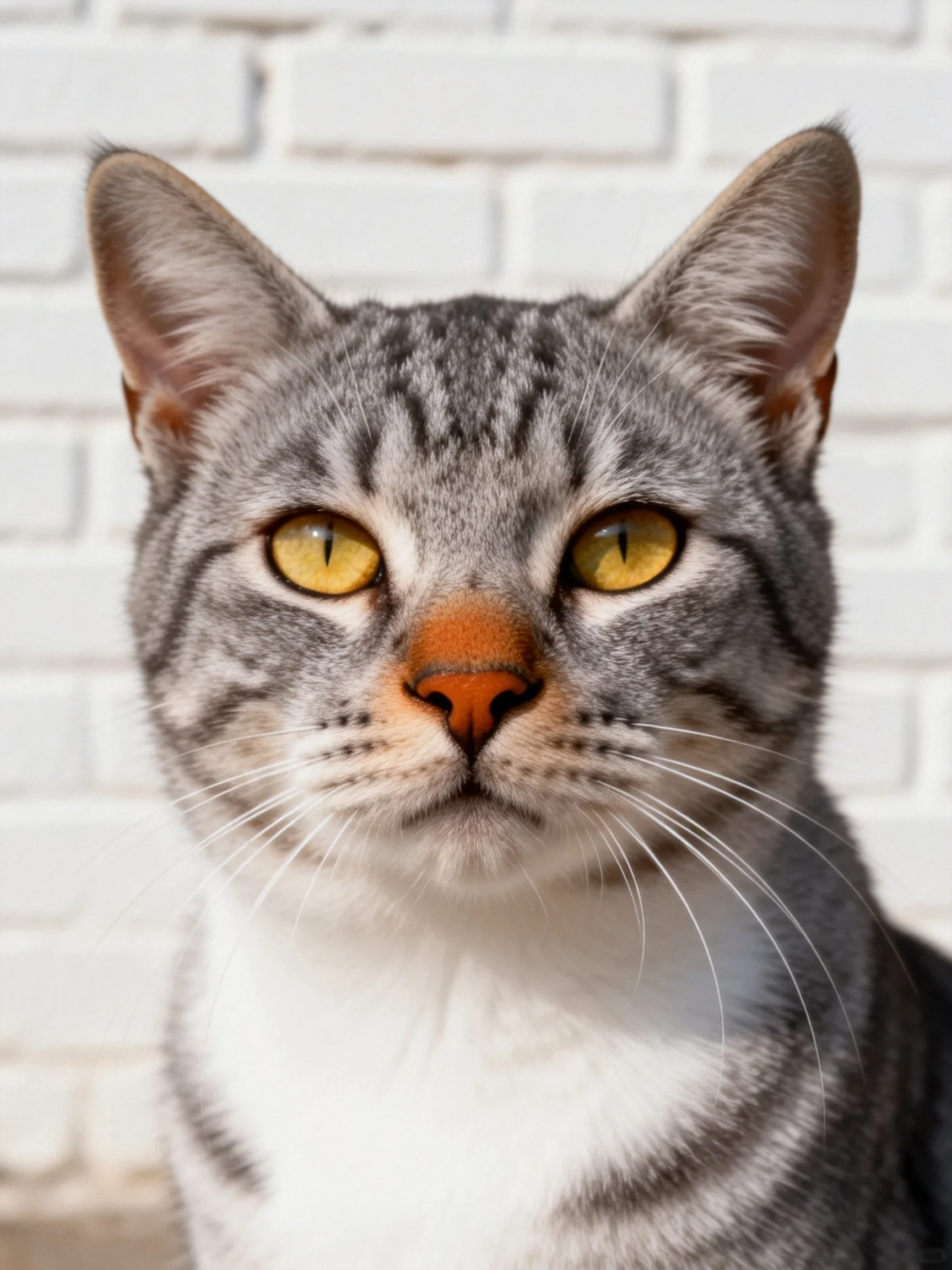 A gray tabby cat with yellow eyes is positioned in front of a white brick wall.