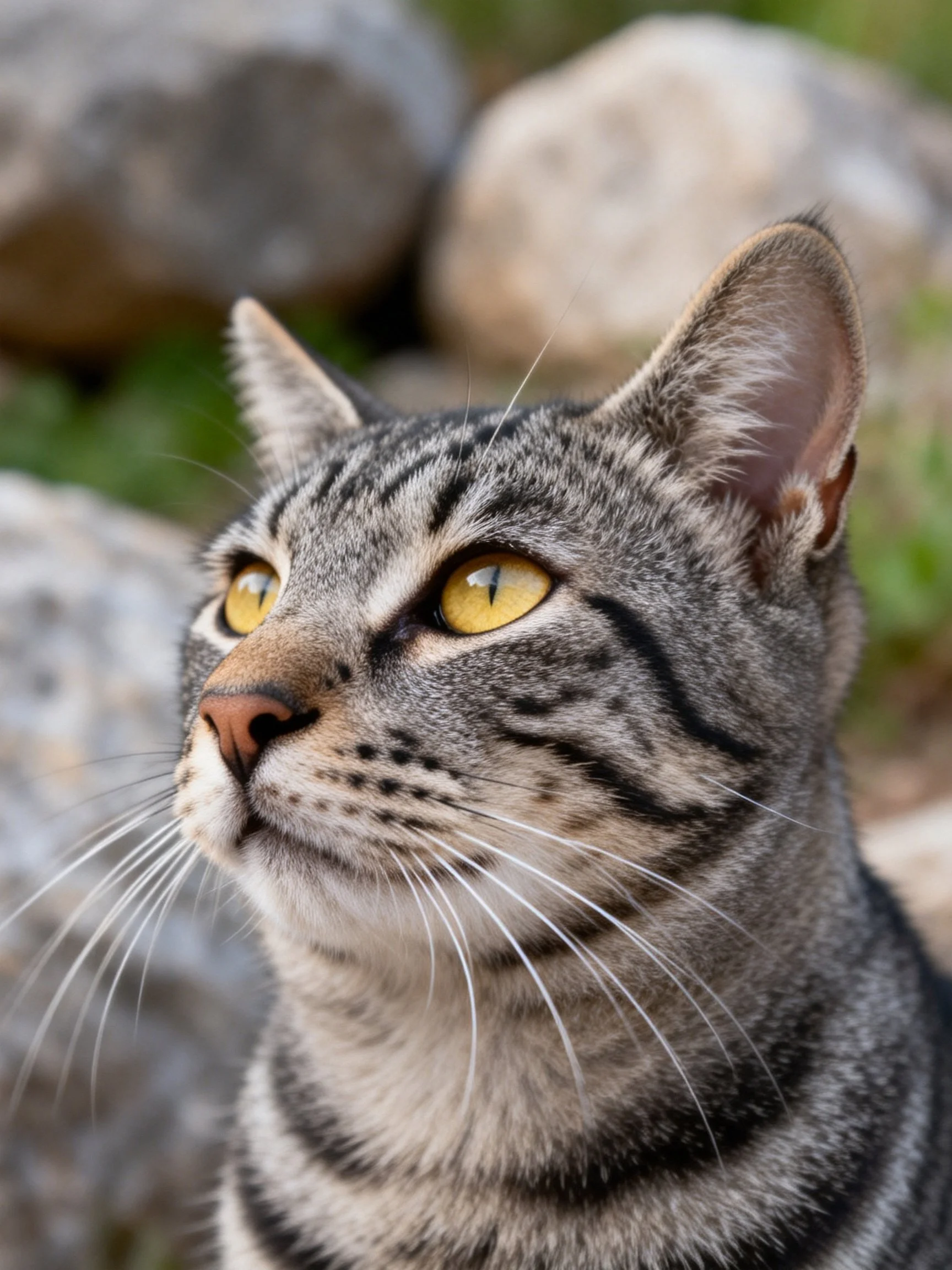A gray tabby cat gazes upward near large rocks.