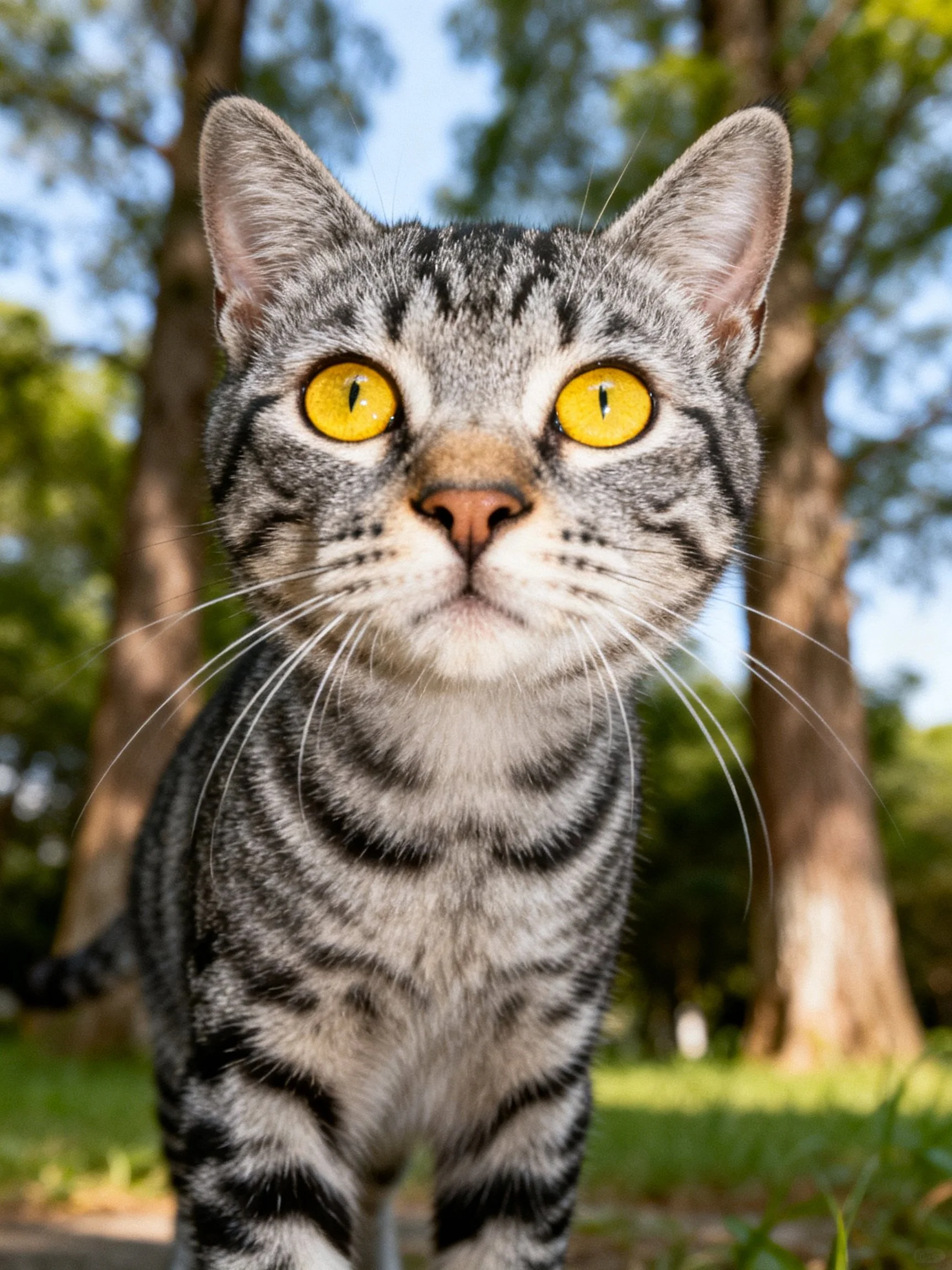 A gray tabby cat with bright yellow eyes near trees