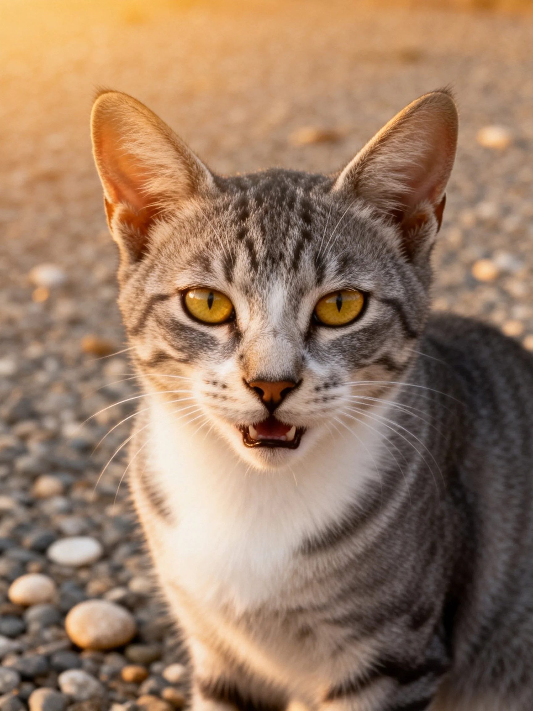 A gray tabby cat with yellow eyes sits on pebbles in warm light.