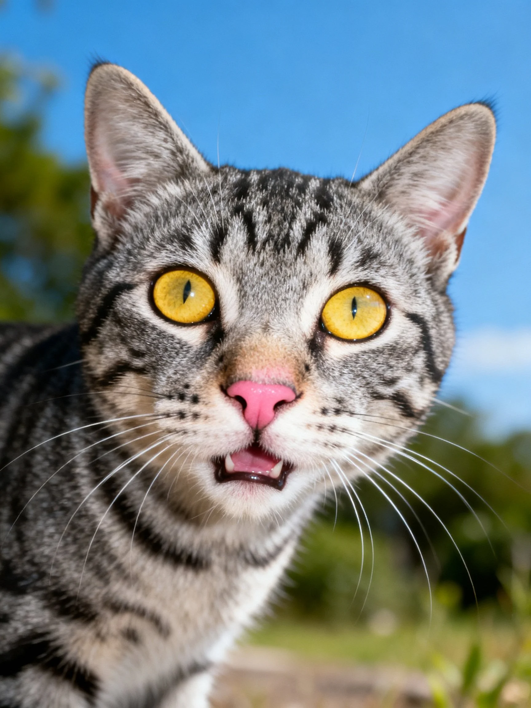 A gray tabby cat with bright yellow eyes is photographed outdoors.