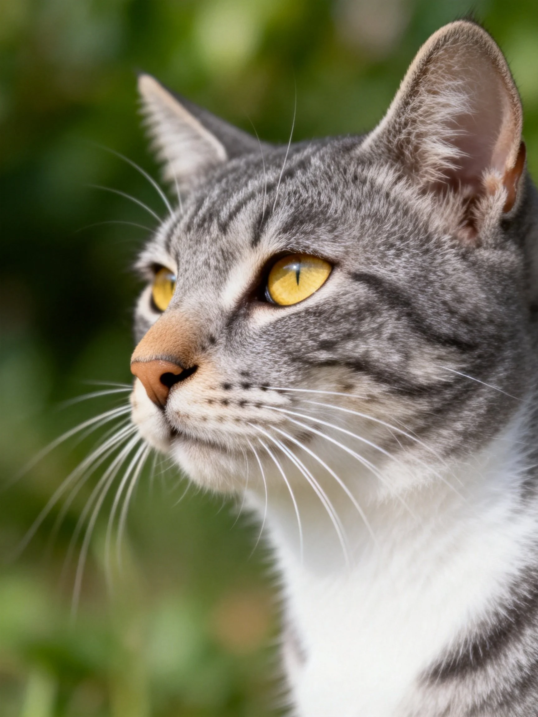 A gray tabby cat with yellow eyes attentively gazes in an outdoor setting.