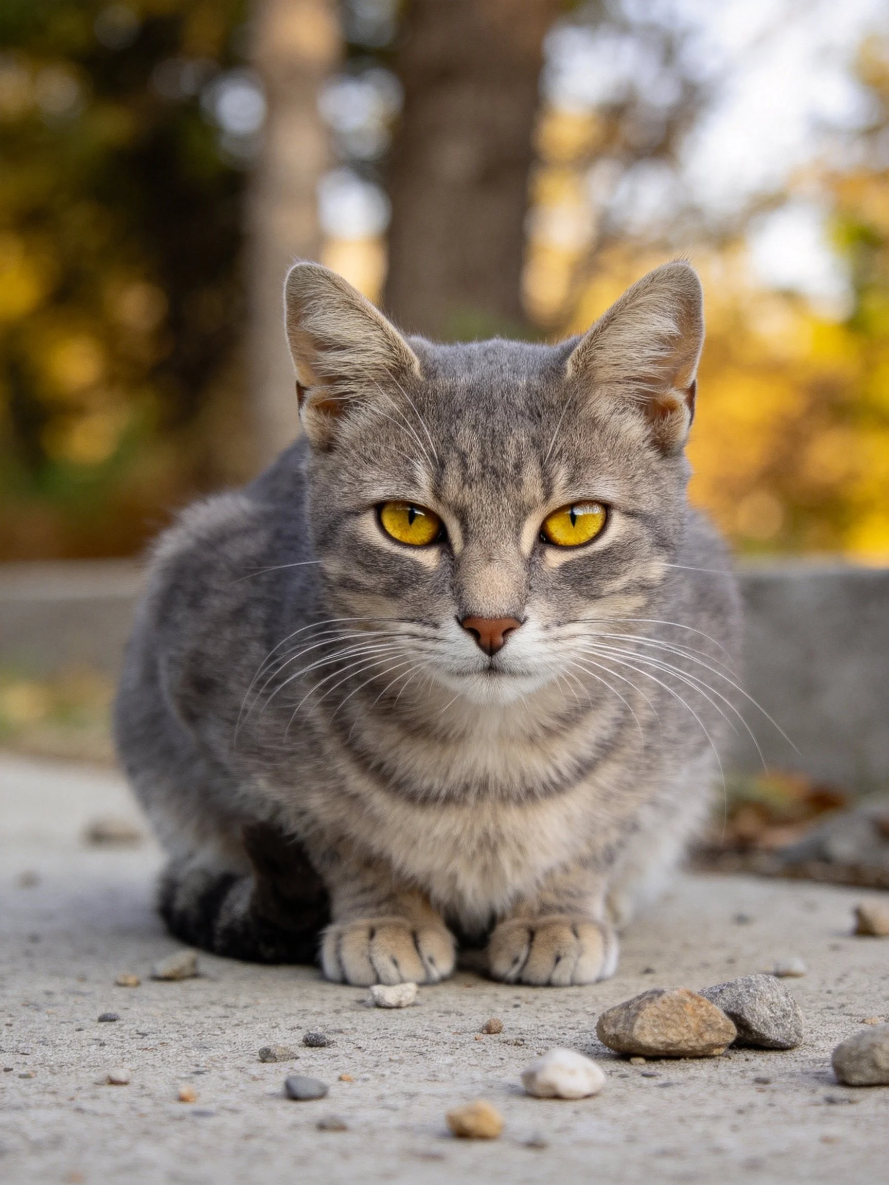 A gray tabby cat with bright yellow eyes sits on a rocky concrete surface