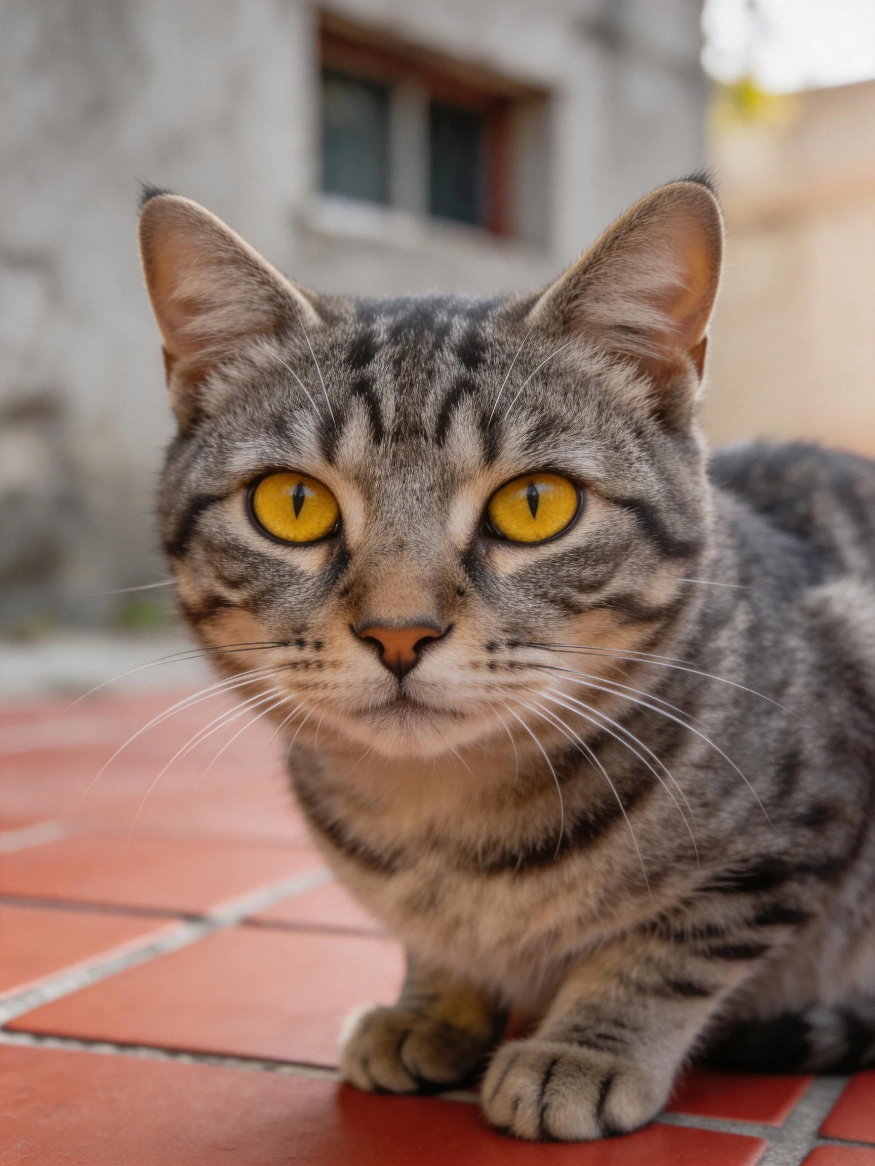 A gray tabby cat with bright yellow eyes sits on red tiles outdoors.