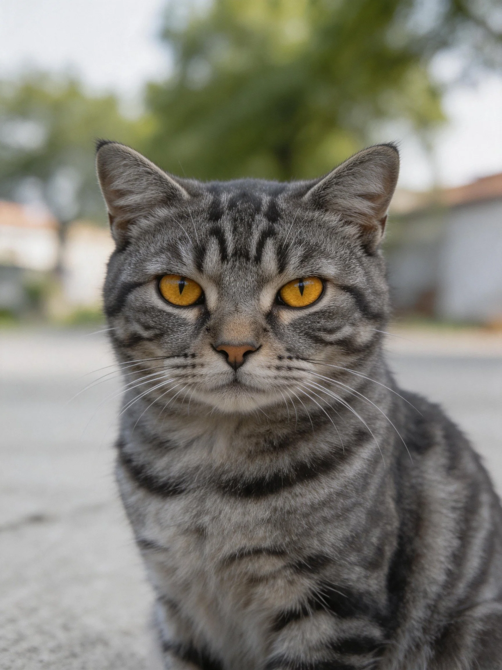 A gray tabby cat with bright yellow eyes sits calmly on an outdoor pavement.