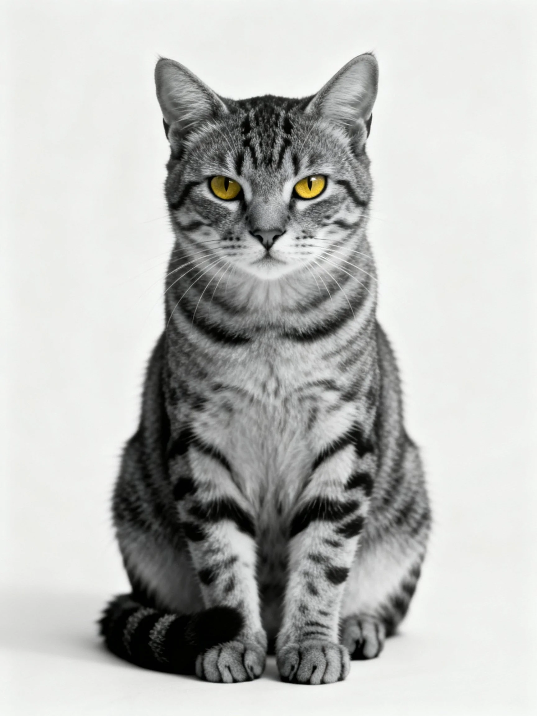 A gray tabby cat with bright yellow eyes sits upright