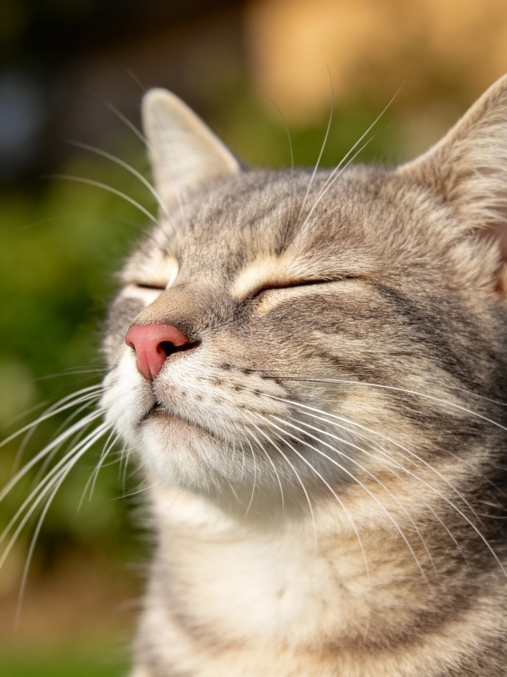 A gray tabby cat with closed eyes basks in soft natural light