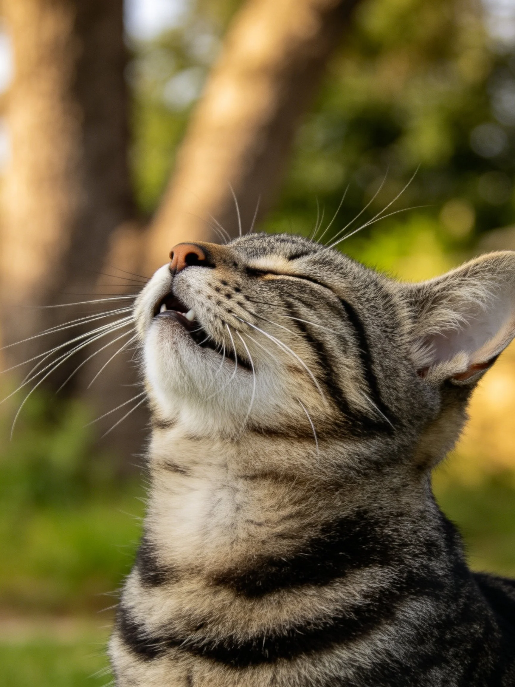 A gray tabby cat with closed eyes in a sunlit outdoor setting