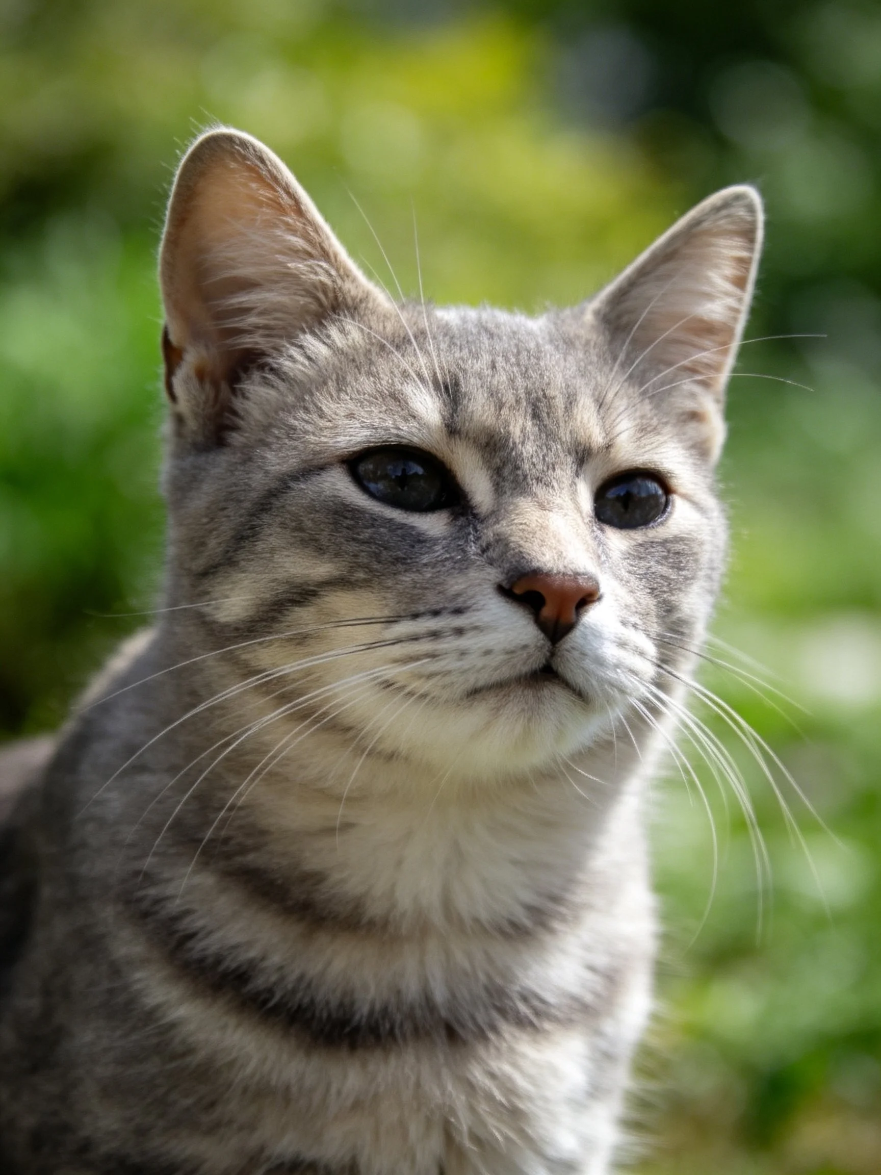 A gray tabby cat with distinct striped fur and alert expression