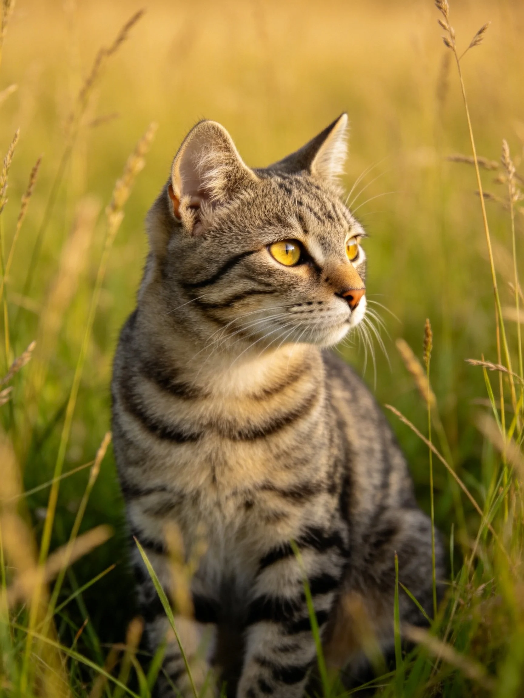 A tabby cat with yellow eyes sits amid tall grass in a sunlit area.