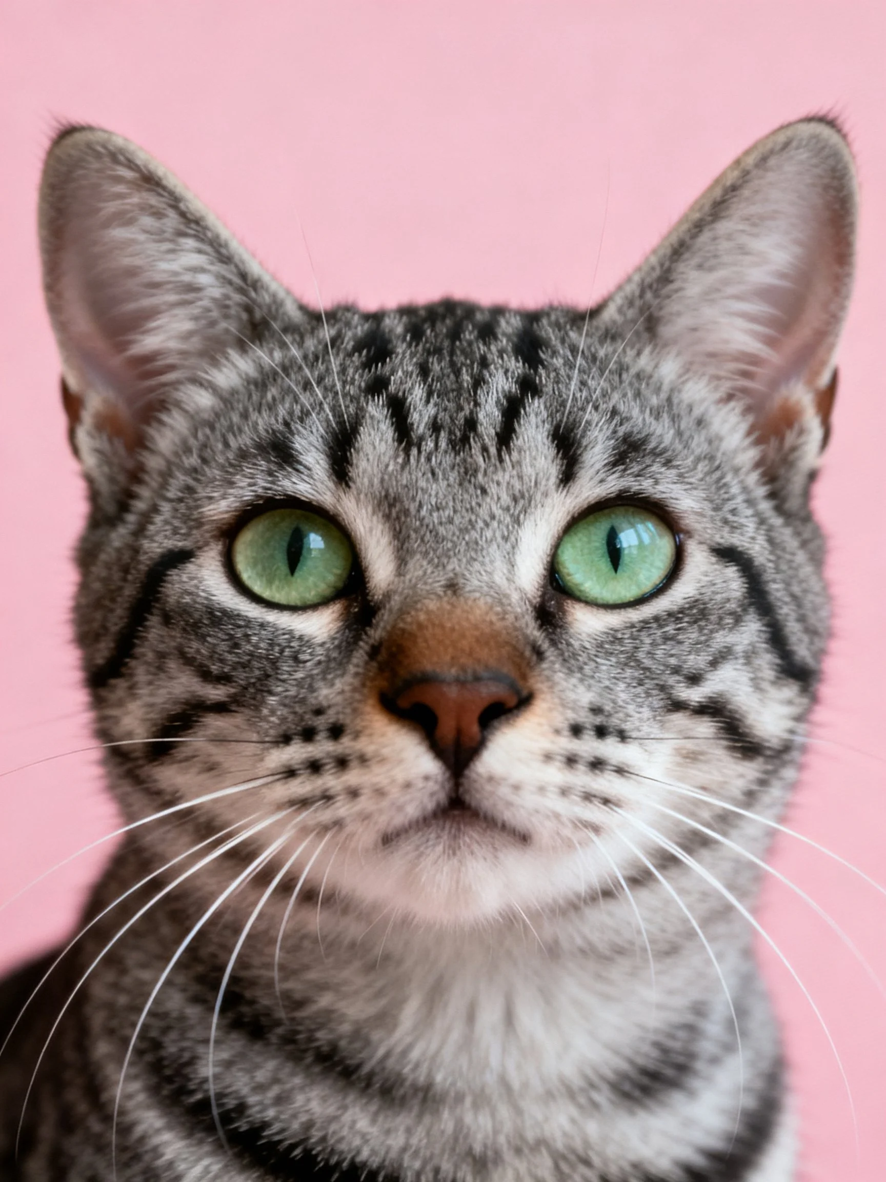 A gray tabby cat with green eyes is centered on a pink background