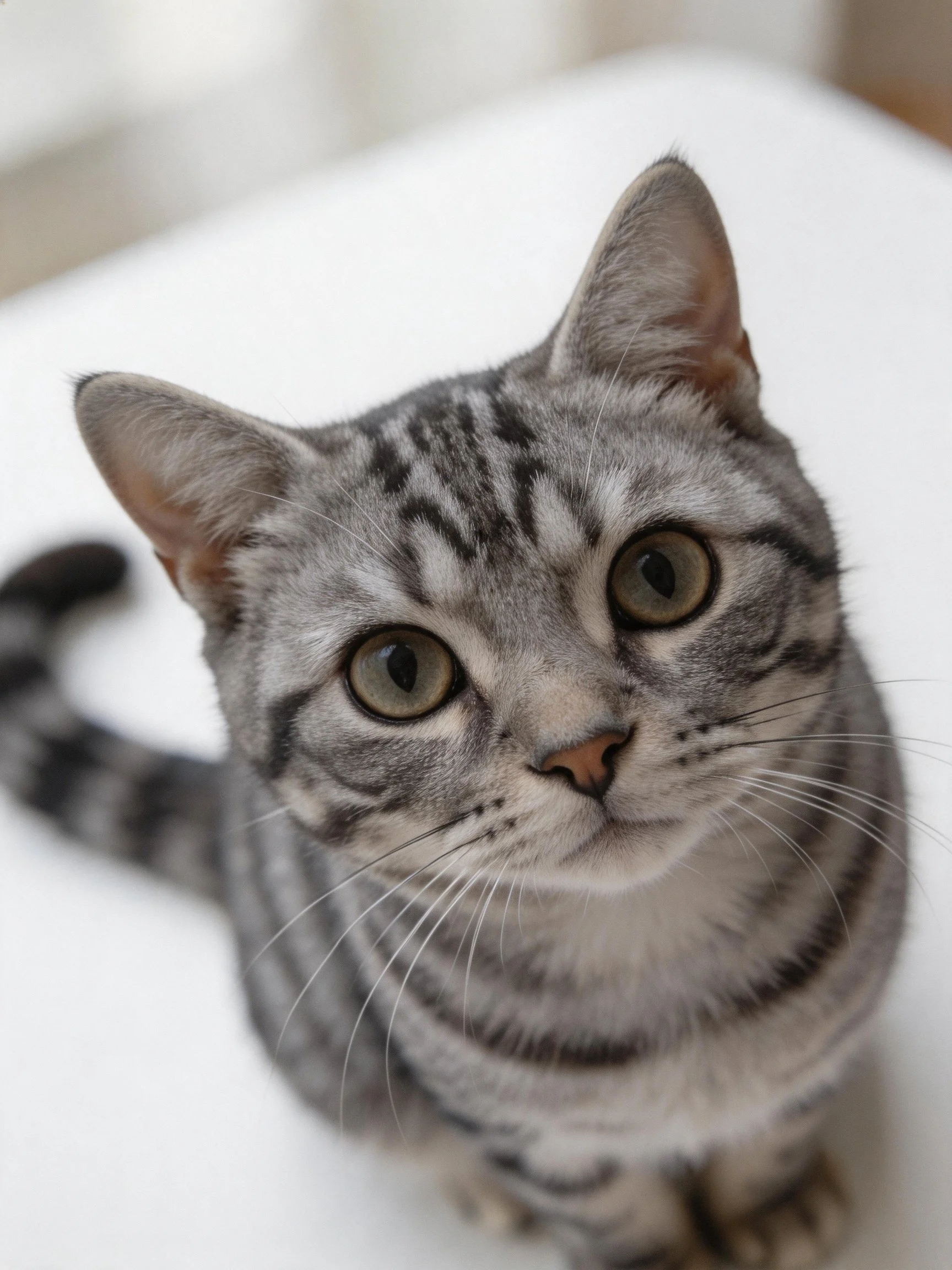 A gray tabby cat with large green eyes looks up toward the camera.