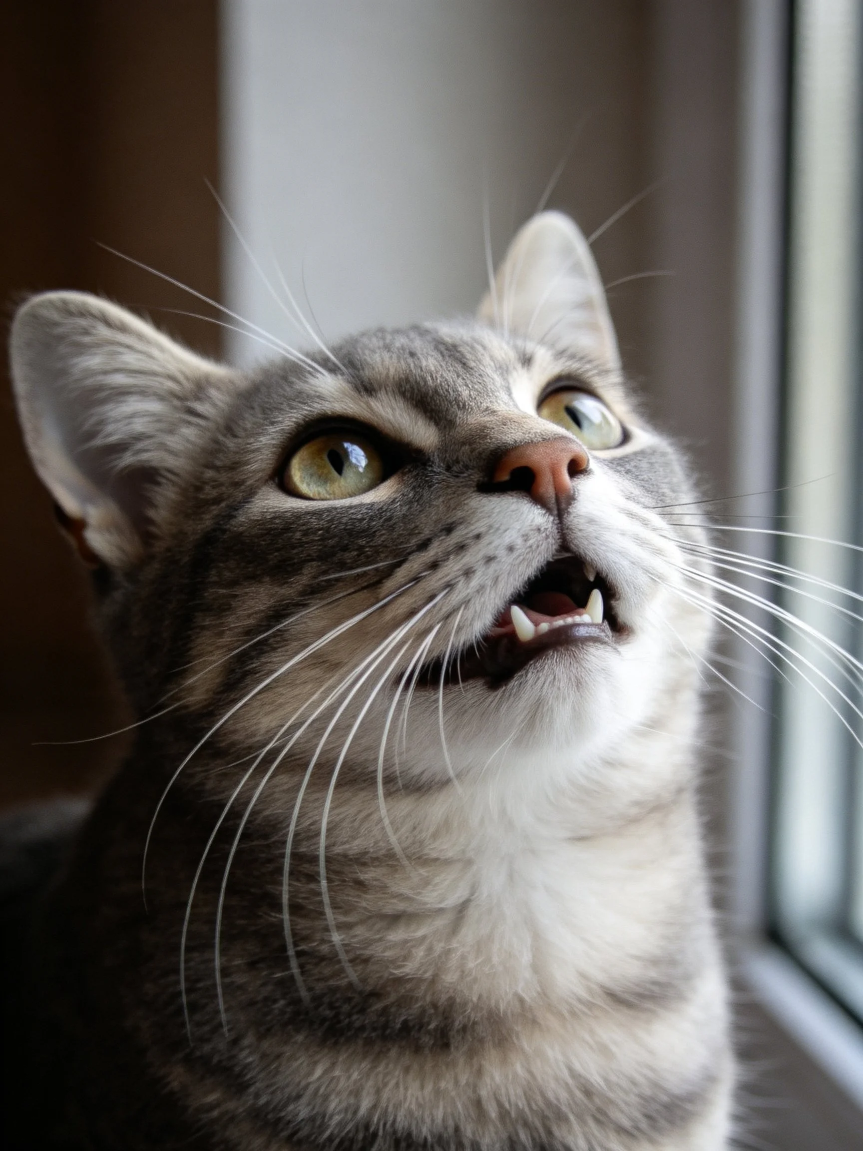 A gray tabby cat gazes upward near a window
