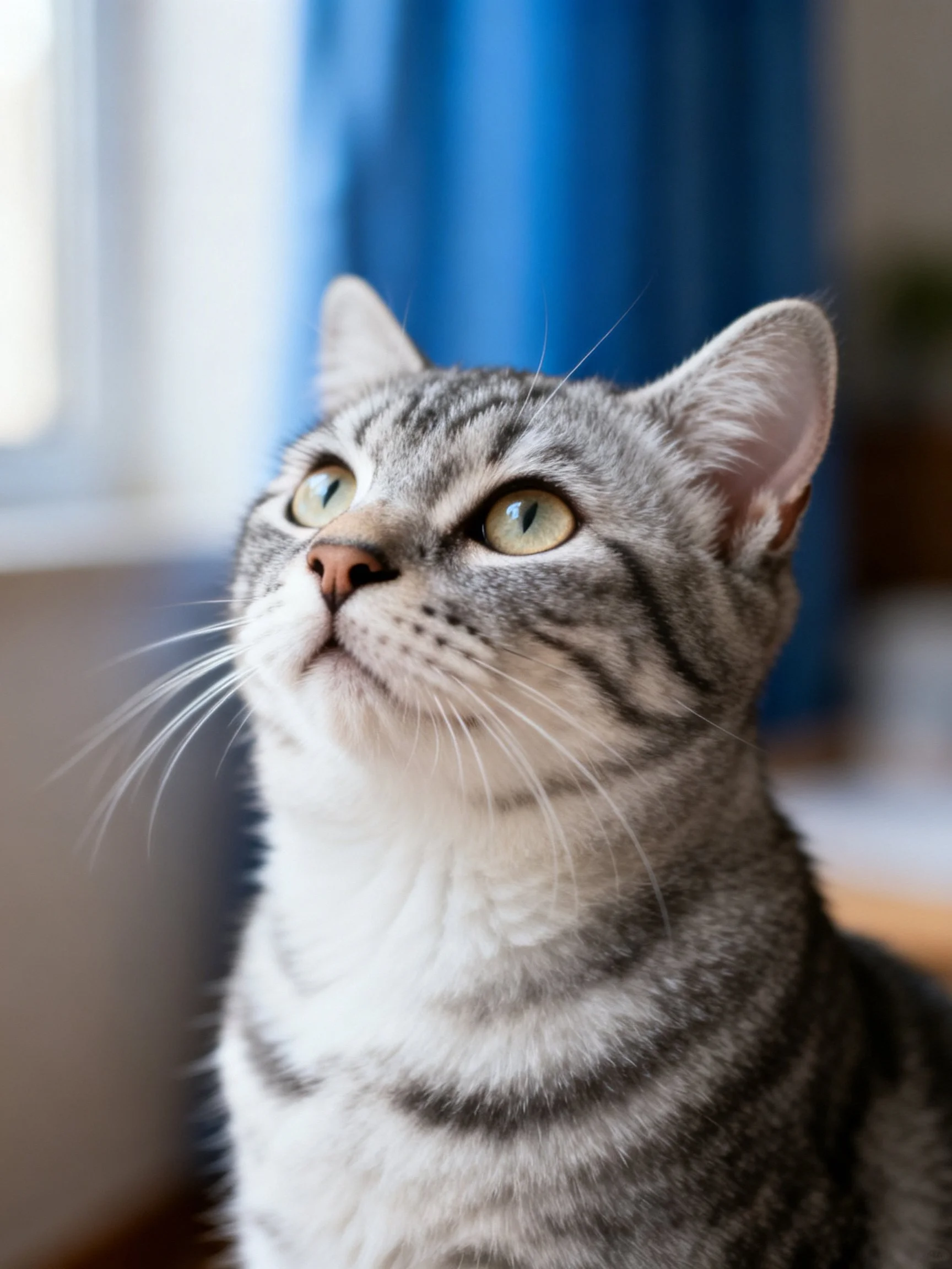 A gray tabby cat gazes upward near a blue curtain indoors.