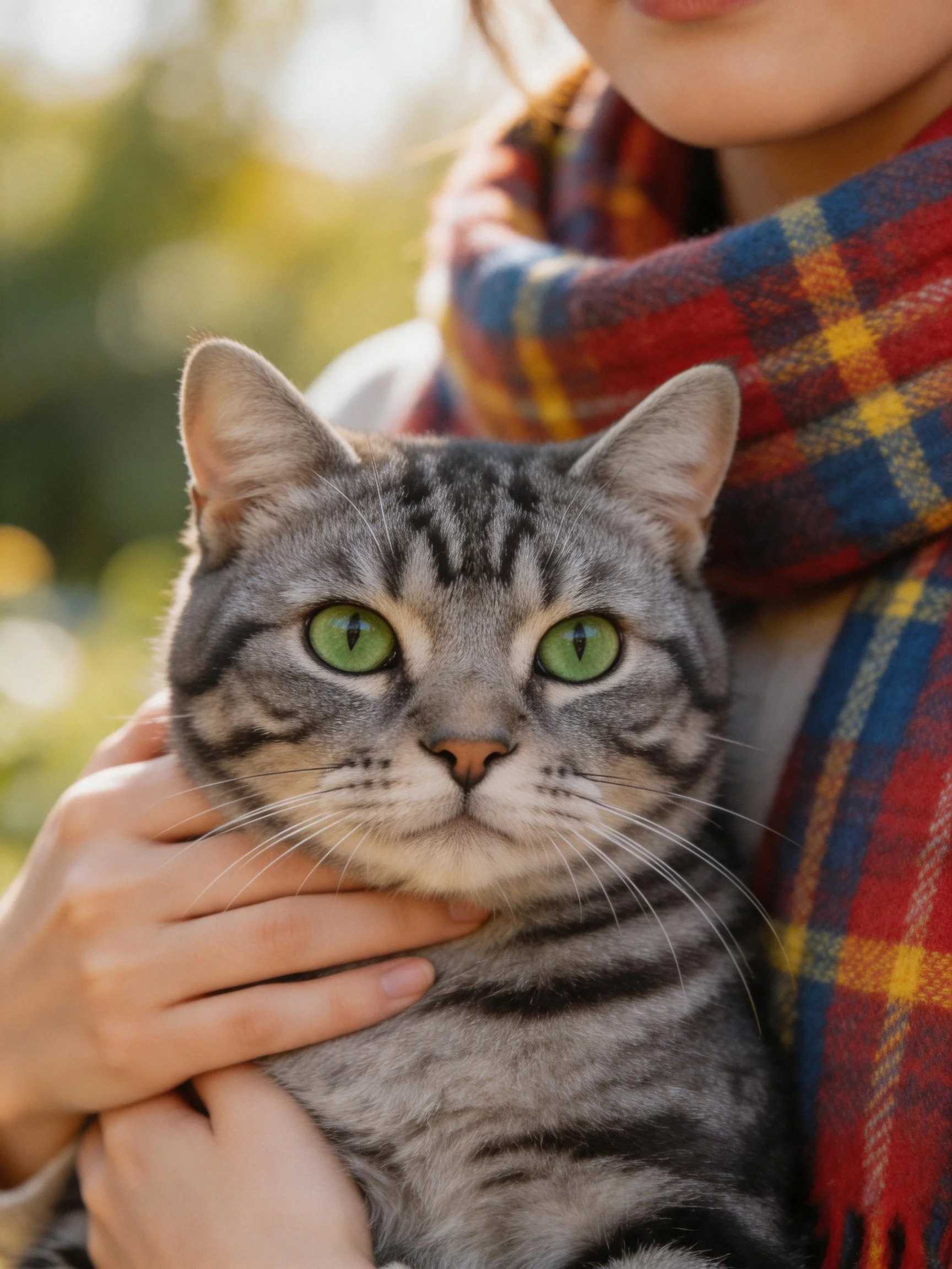 A person holds a gray tabby cat with green eyes next to a colorful plaid scarf.