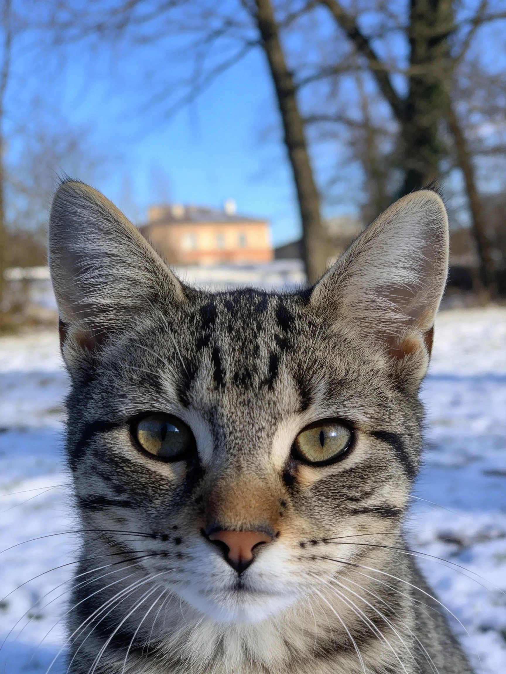 A gray tabby cat with green eyes is photographed outdoors near snow and trees.