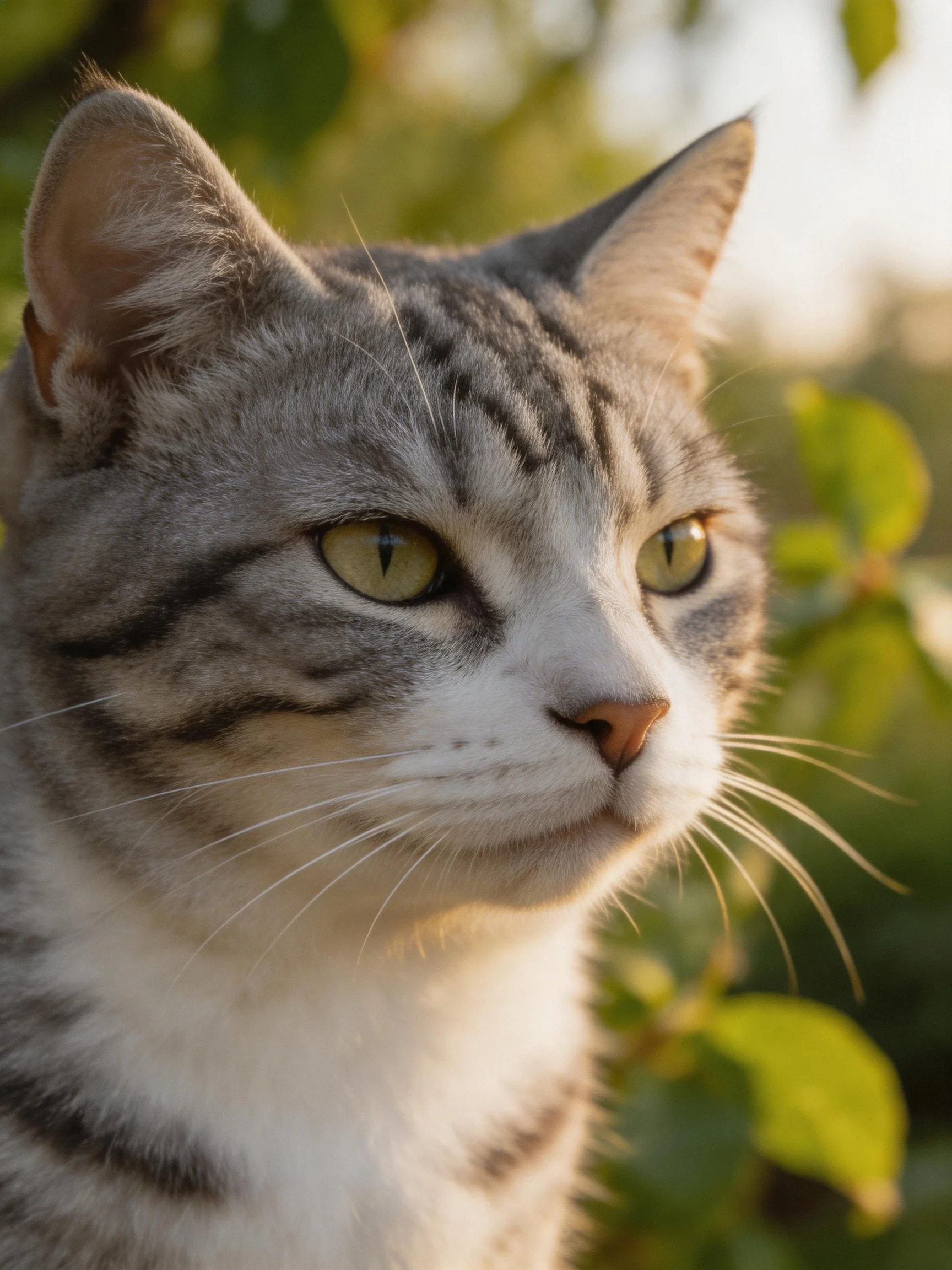 A gray tabby cat calmly observes its surroundings amid sunlit greenery.