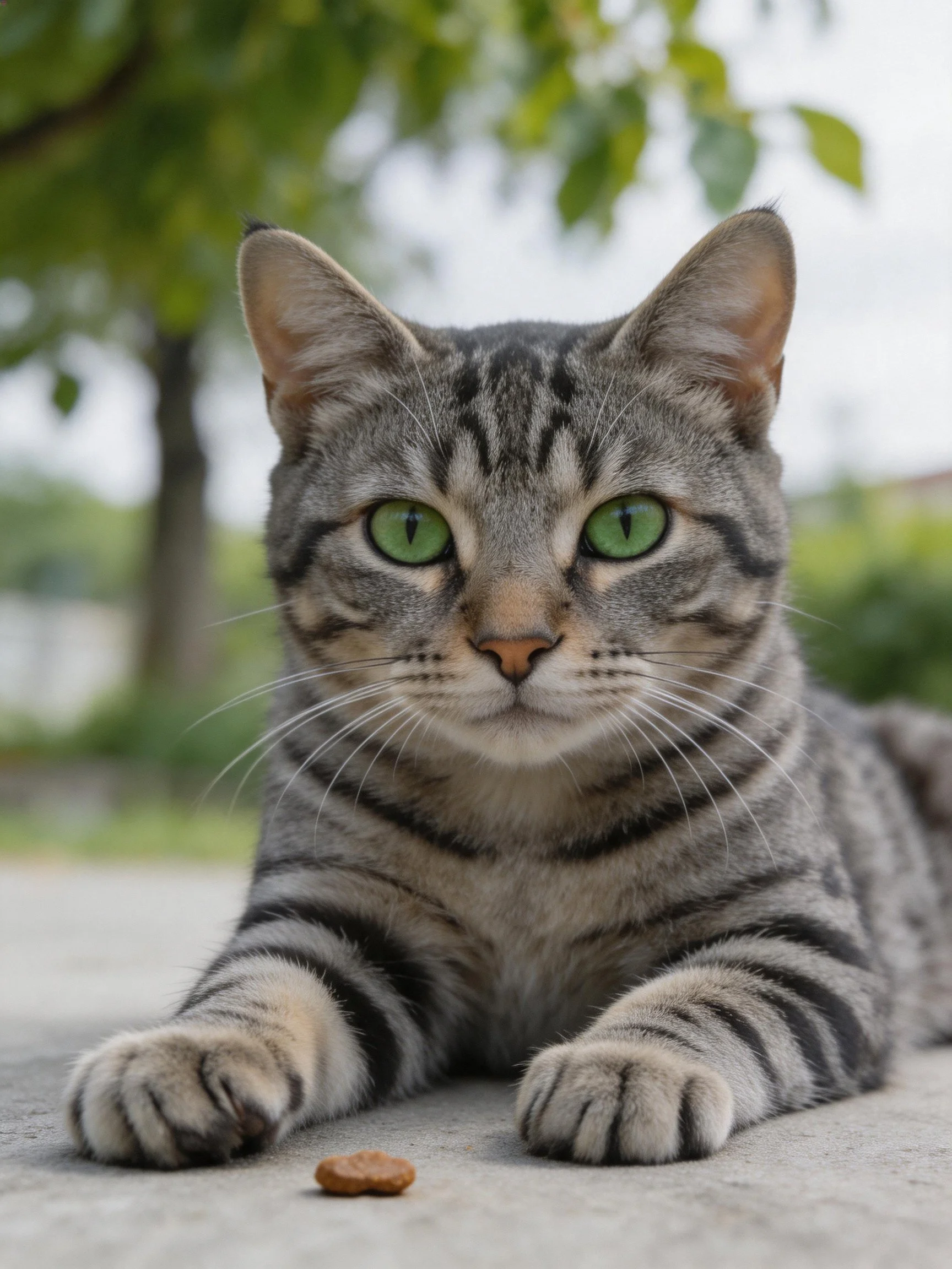 A gray tabby cat with green eyes lies near a treat outdoors