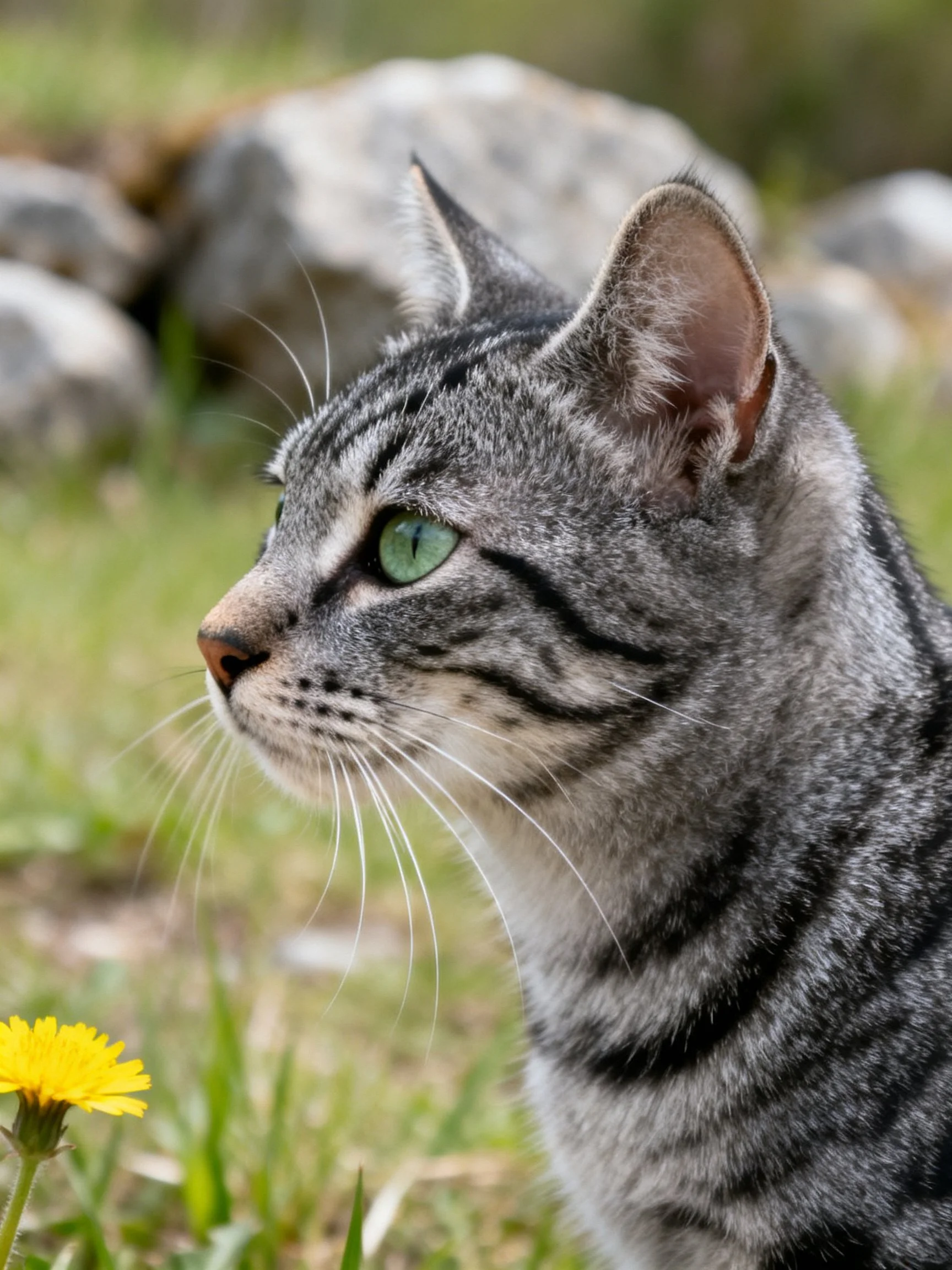 A gray tabby cat with green eyes near a yellow flower outdoors