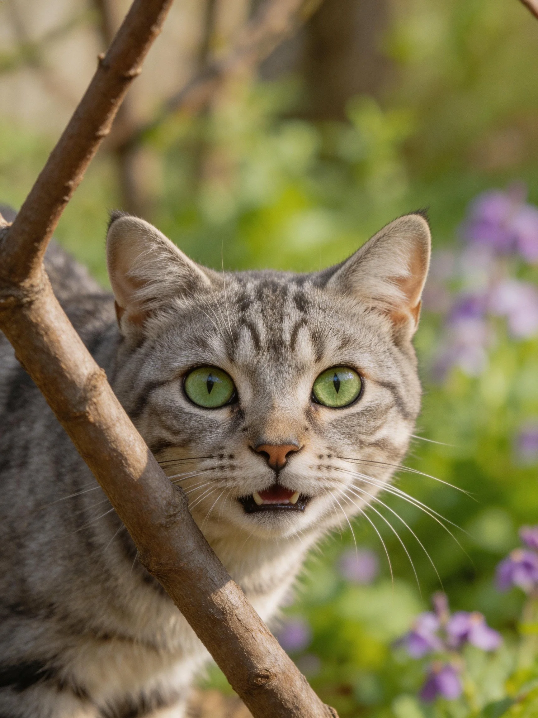 A gray tabby cat with green eyes near tree branches and purple flowers