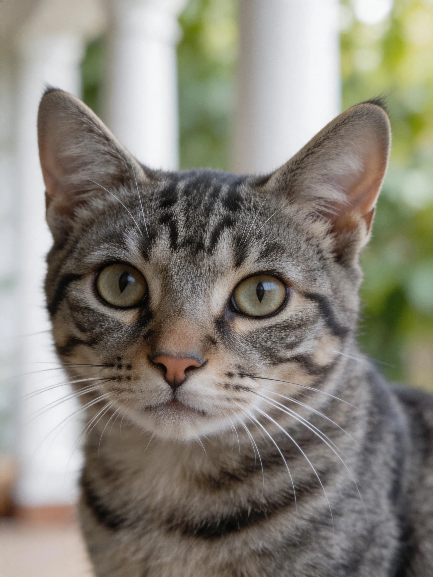 A gray tabby cat with green eyes sits near white columns.