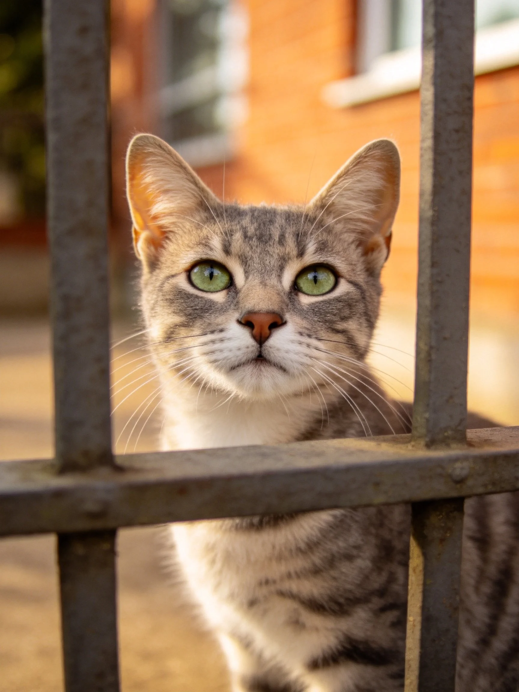 A gray tabby cat with green eyes looks through metal bars near a brick building.