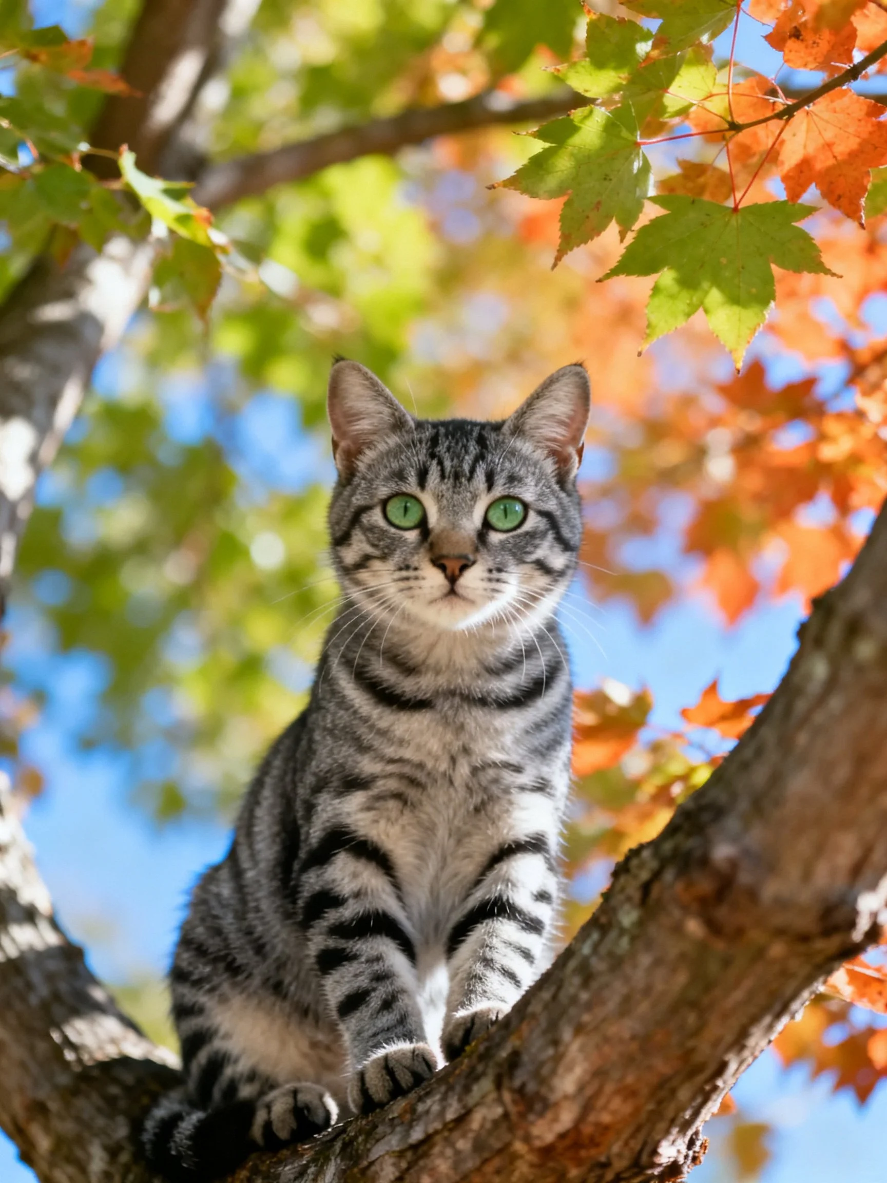 A gray tabby cat with green eyes sits on a tree branch amid colorful autumn foliage.