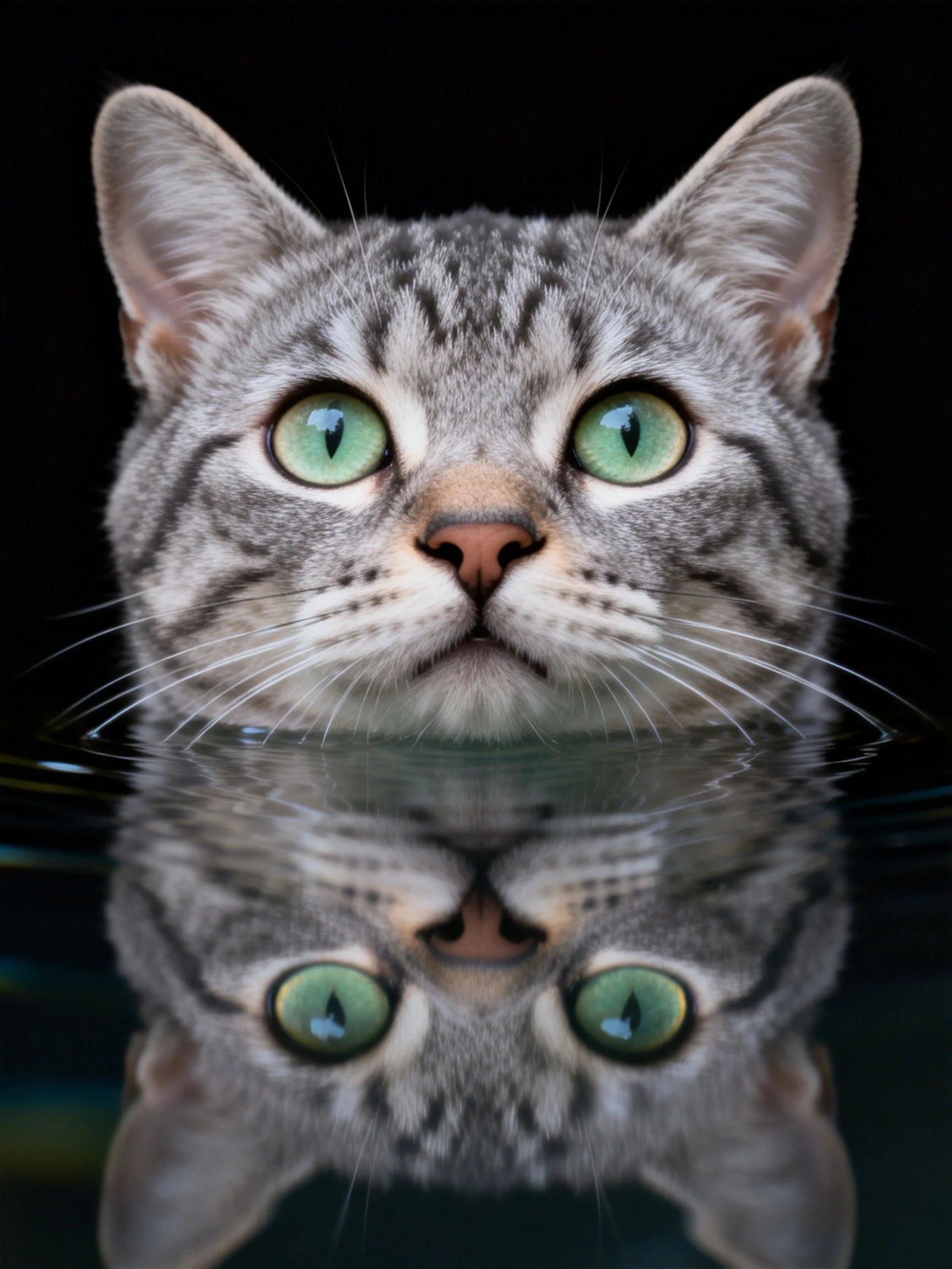 A gray tabby cat with green eyes reflected in calm water