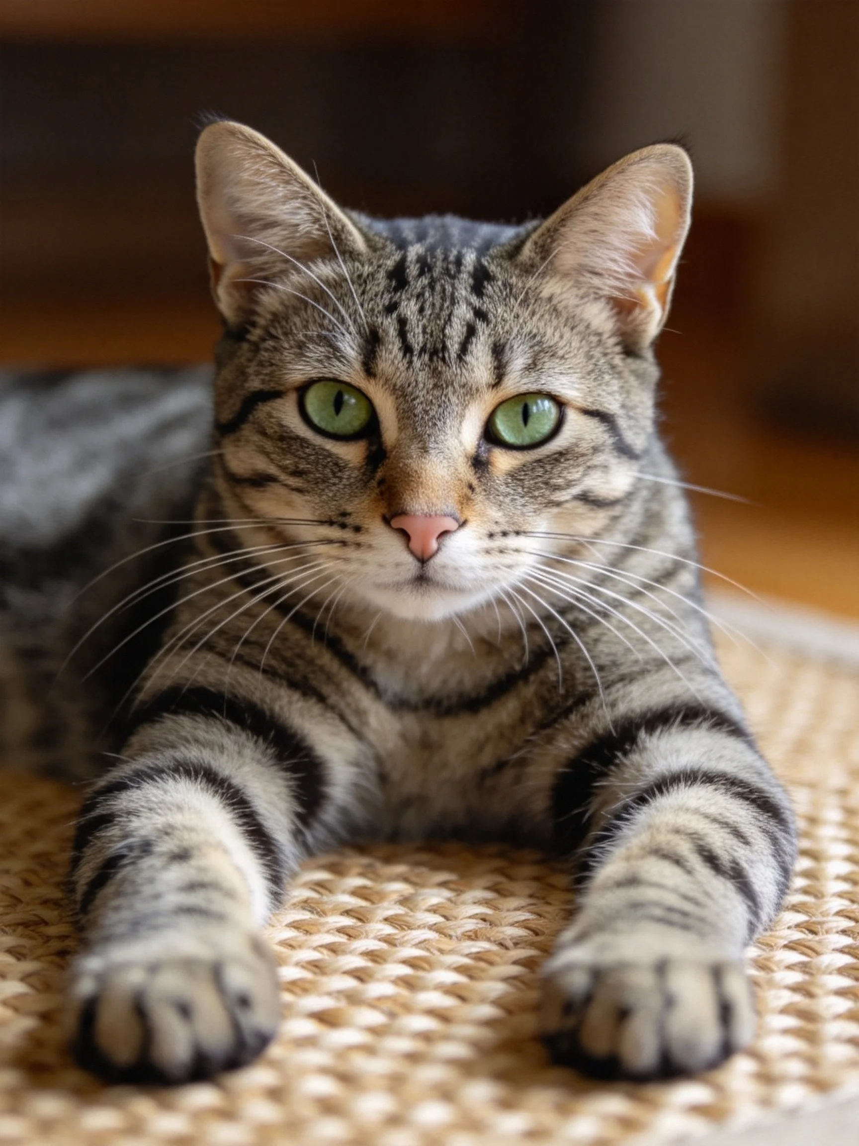 A gray tabby cat with bright green eyes lies calmly on a textured woven surface.