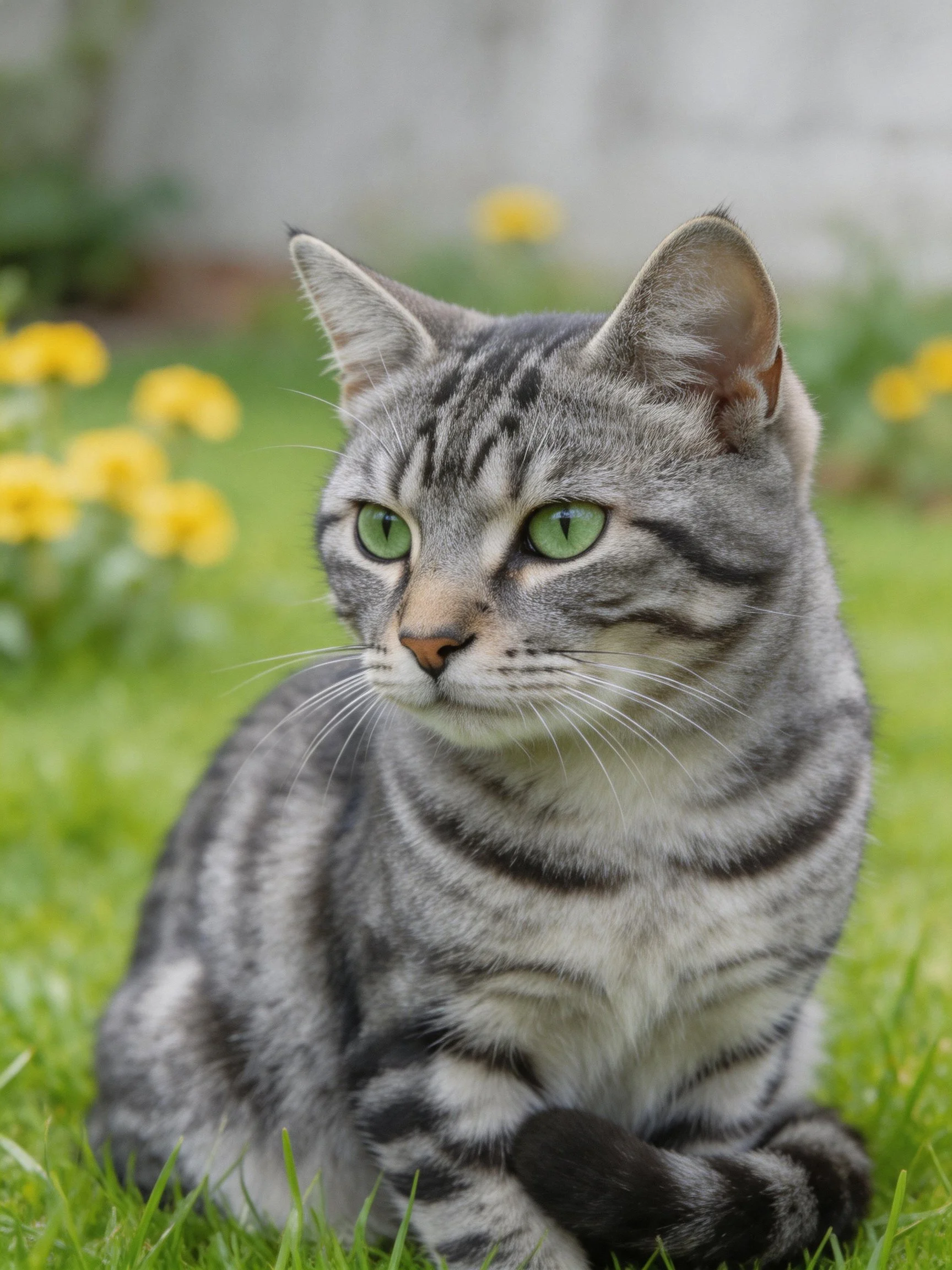 A gray tabby cat with green eyes sits calmly on grass surrounded by yellow flowers.