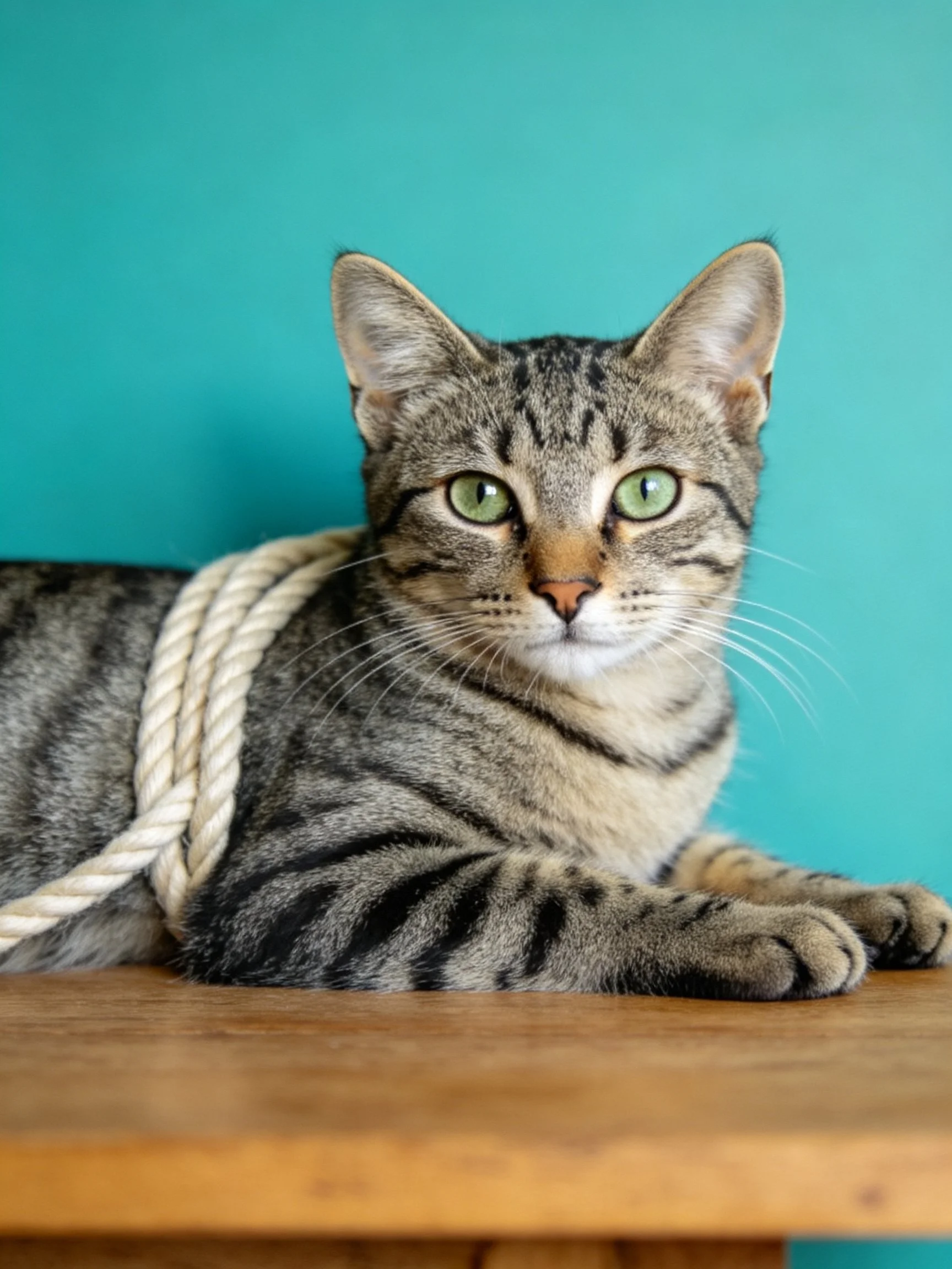 A gray tabby cat with green eyes rests near a thick rope on a wooden surface