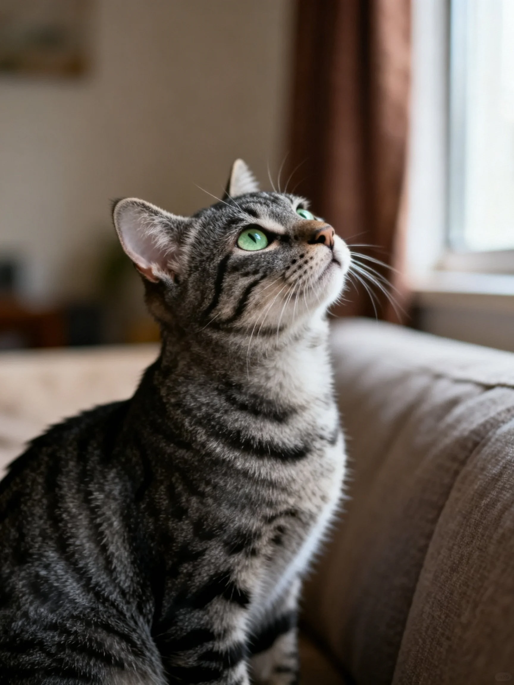 A gray tabby cat with green eyes rests on a beige couch near a window