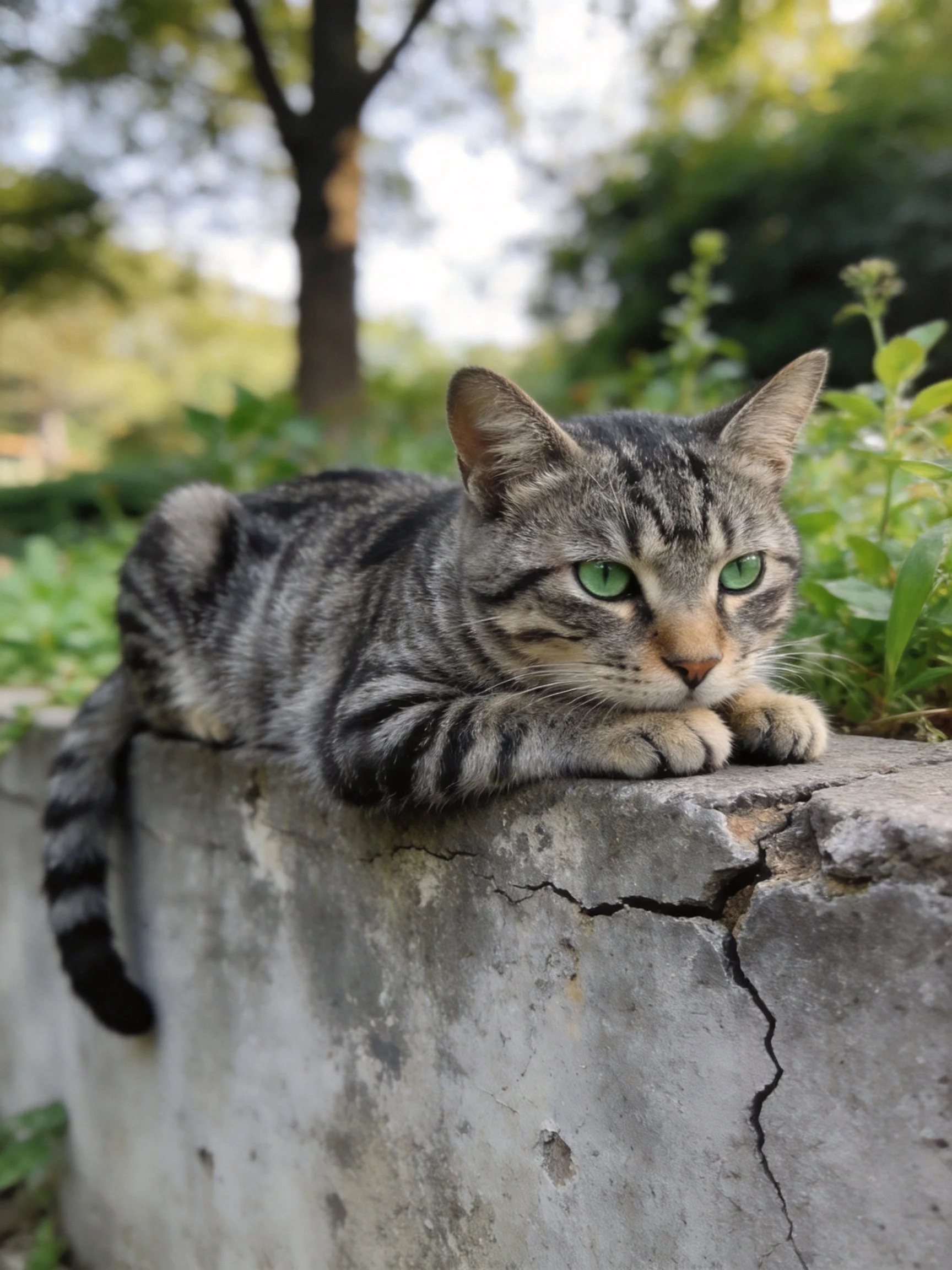 A gray tabby cat with green eyes rests on a cracked concrete ledge