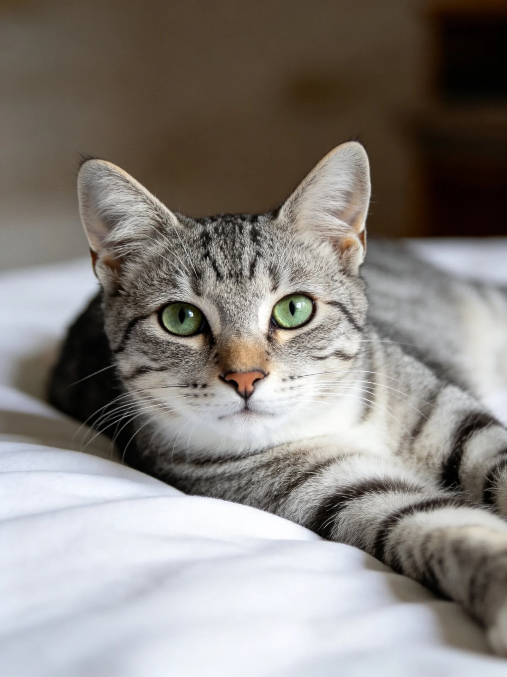 A gray tabby cat with green eyes relaxes on a white bed