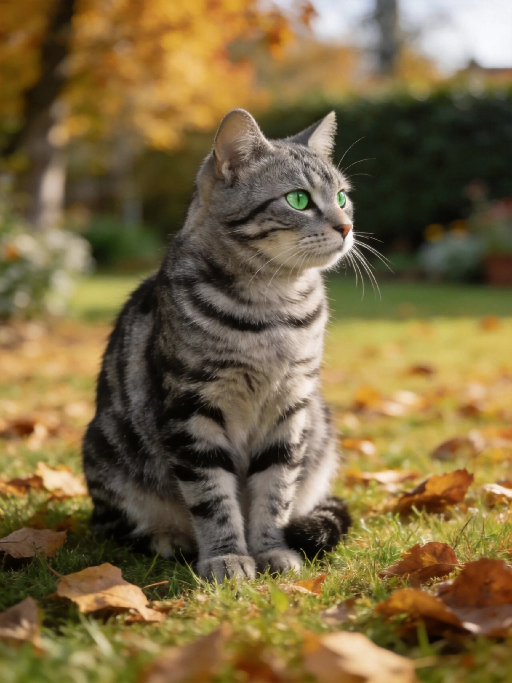 A gray tabby cat with green eyes sits among autumn leaves in a sunlit garden.