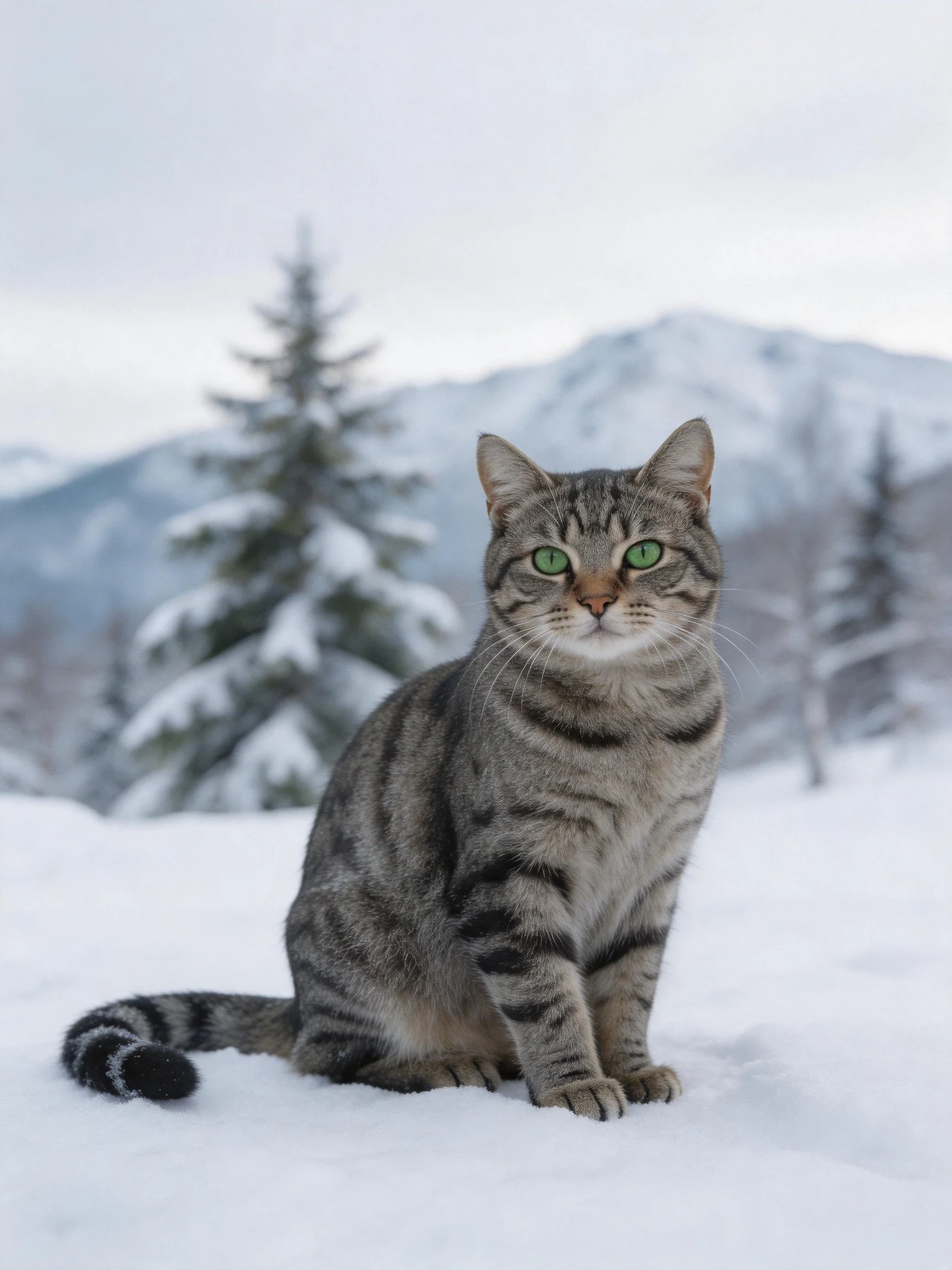 A gray tabby cat with green eyes sits in a snowy mountainous landscape