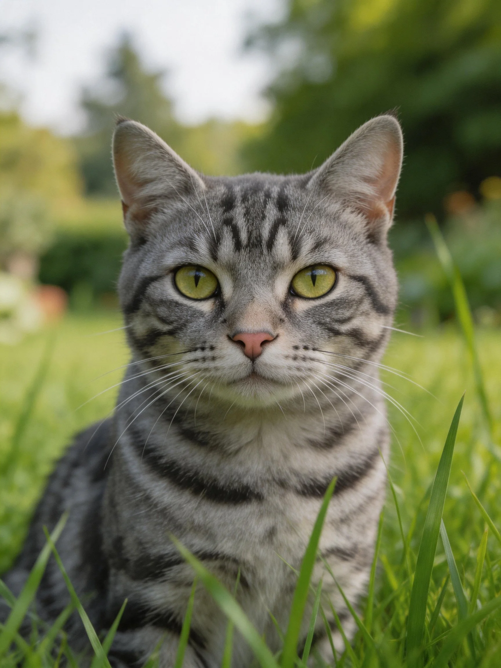 Gray tabby cat with green eyes rests in a grassy outdoor area.