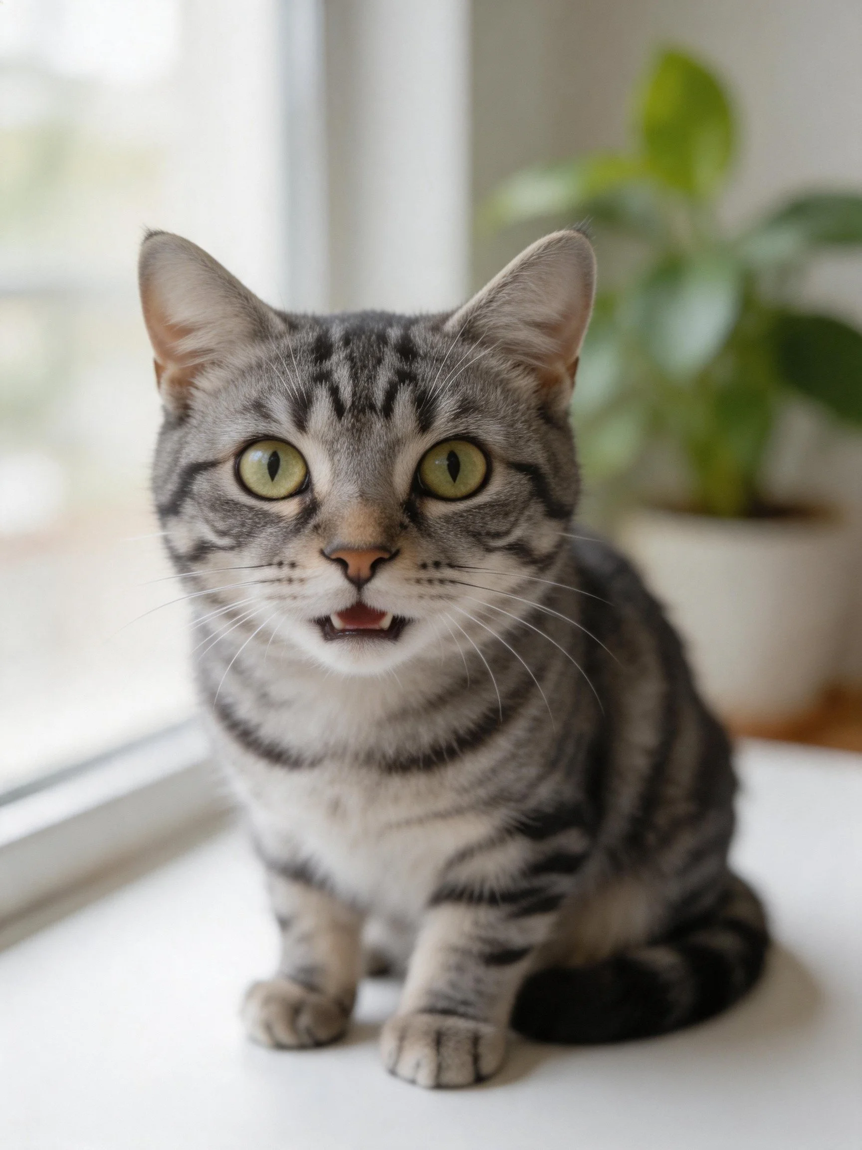 A gray tabby cat with green eyes sits near a sunlit window.