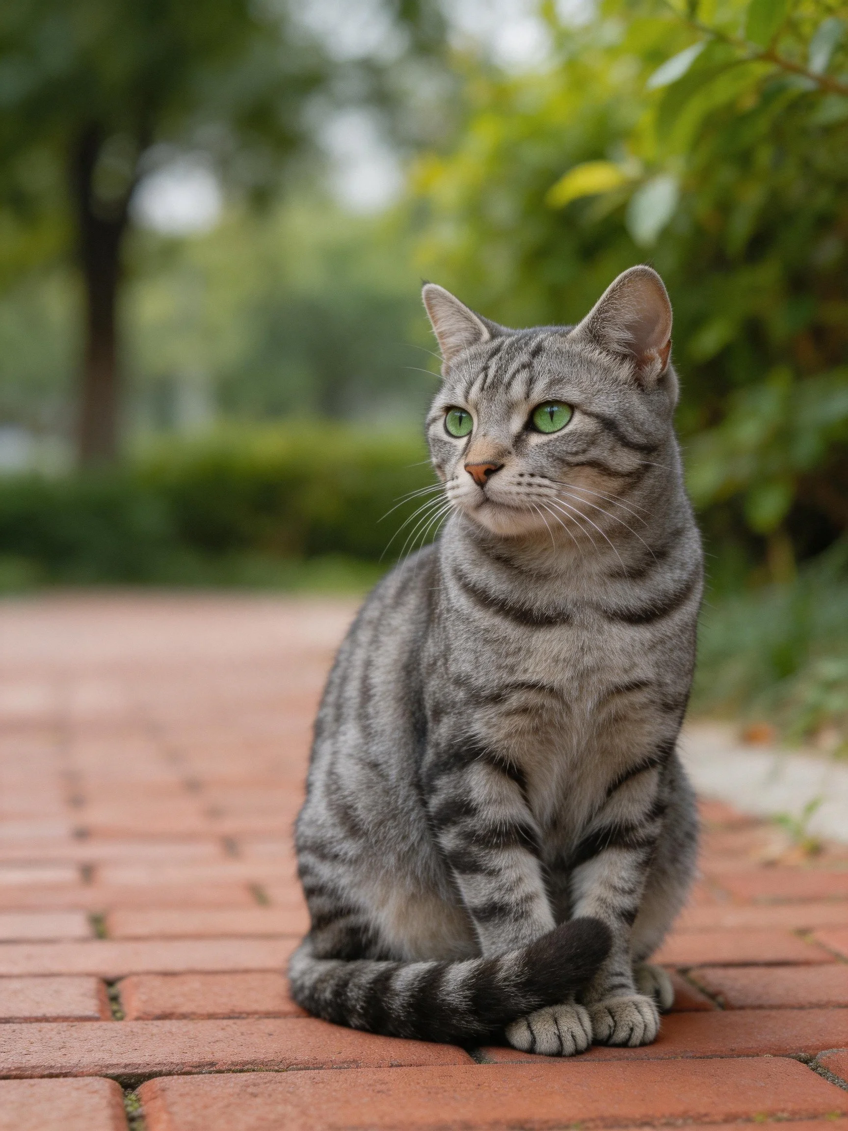 A gray tabby cat with green eyes sits on a brick pathway near greenery.